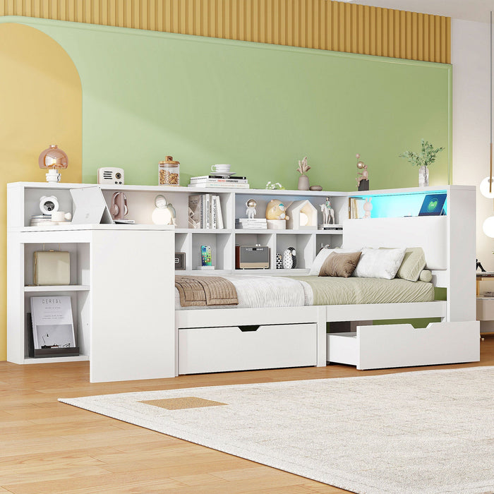 L-Shaped Platform Bed 90x200 Desk Bookshelf Drawers LED - White