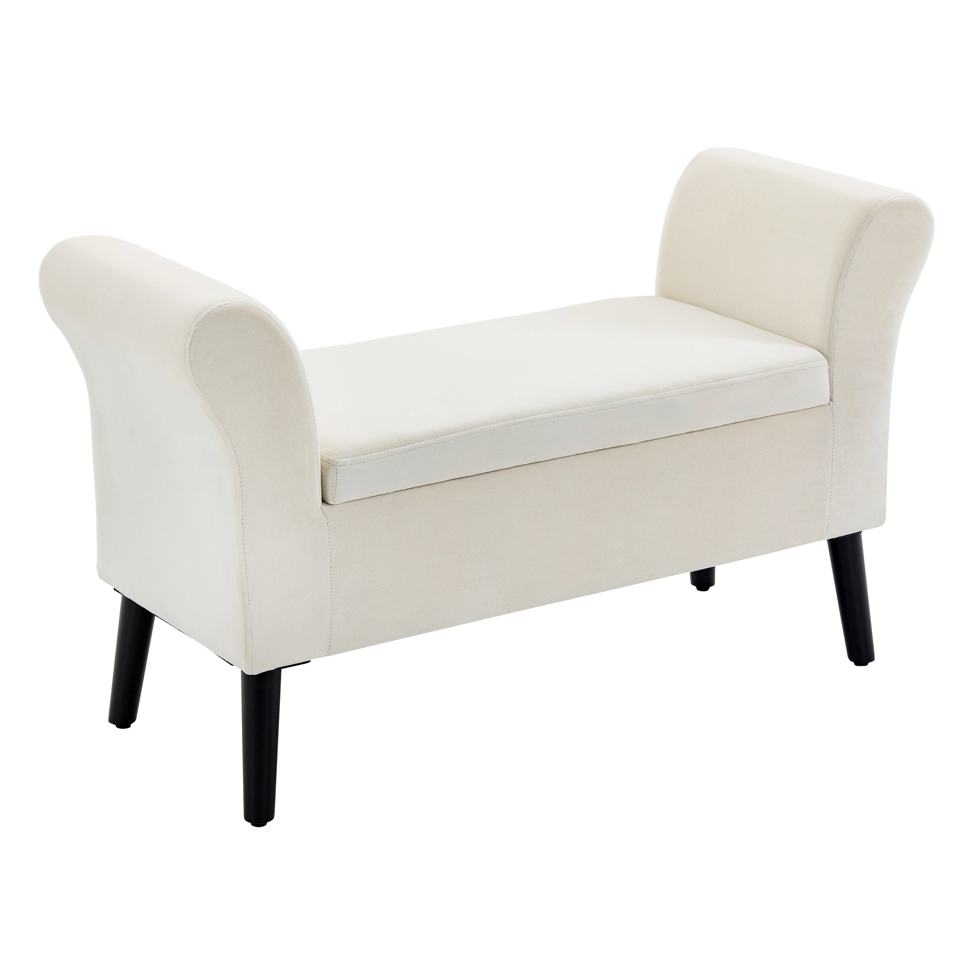 Upholstered Bench with Storage, Armrest, Velvet Polyester, Cream White