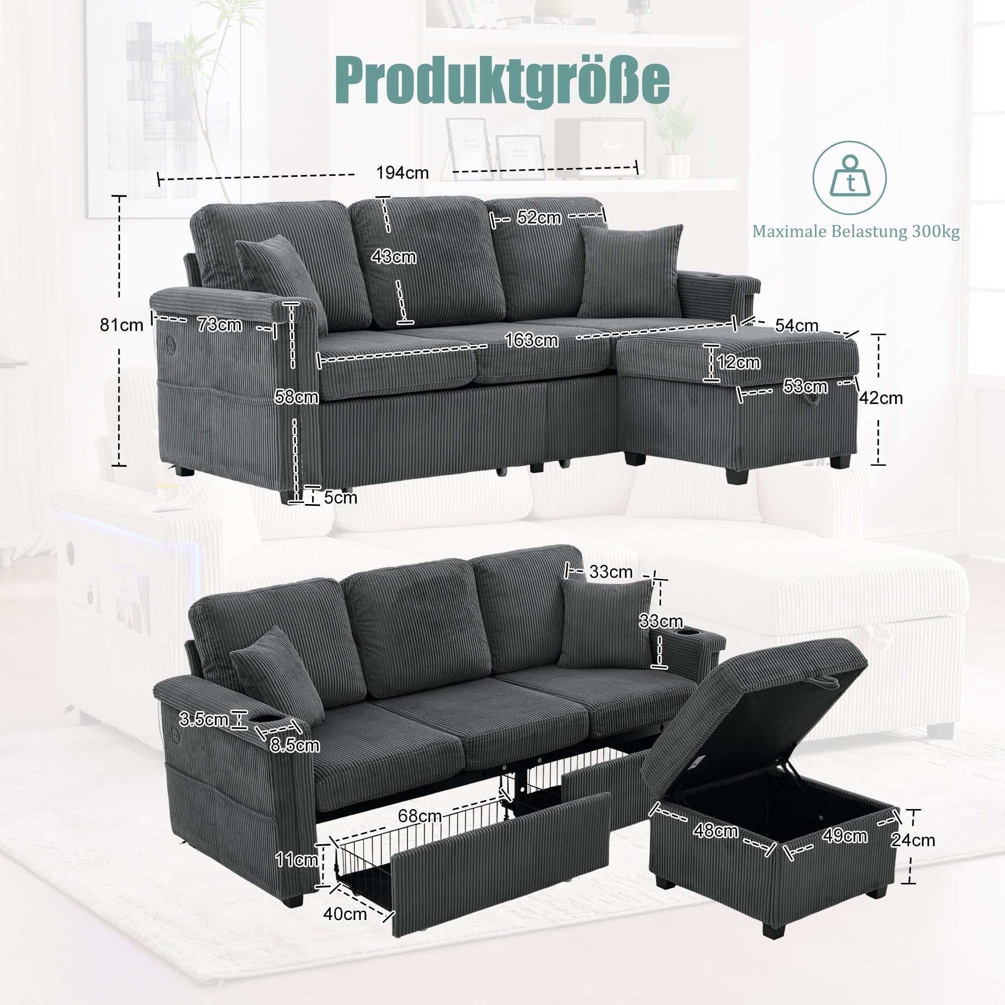Velvet Sofa LED USB-C Storage Footrest Cup Holders, Dark Grey
