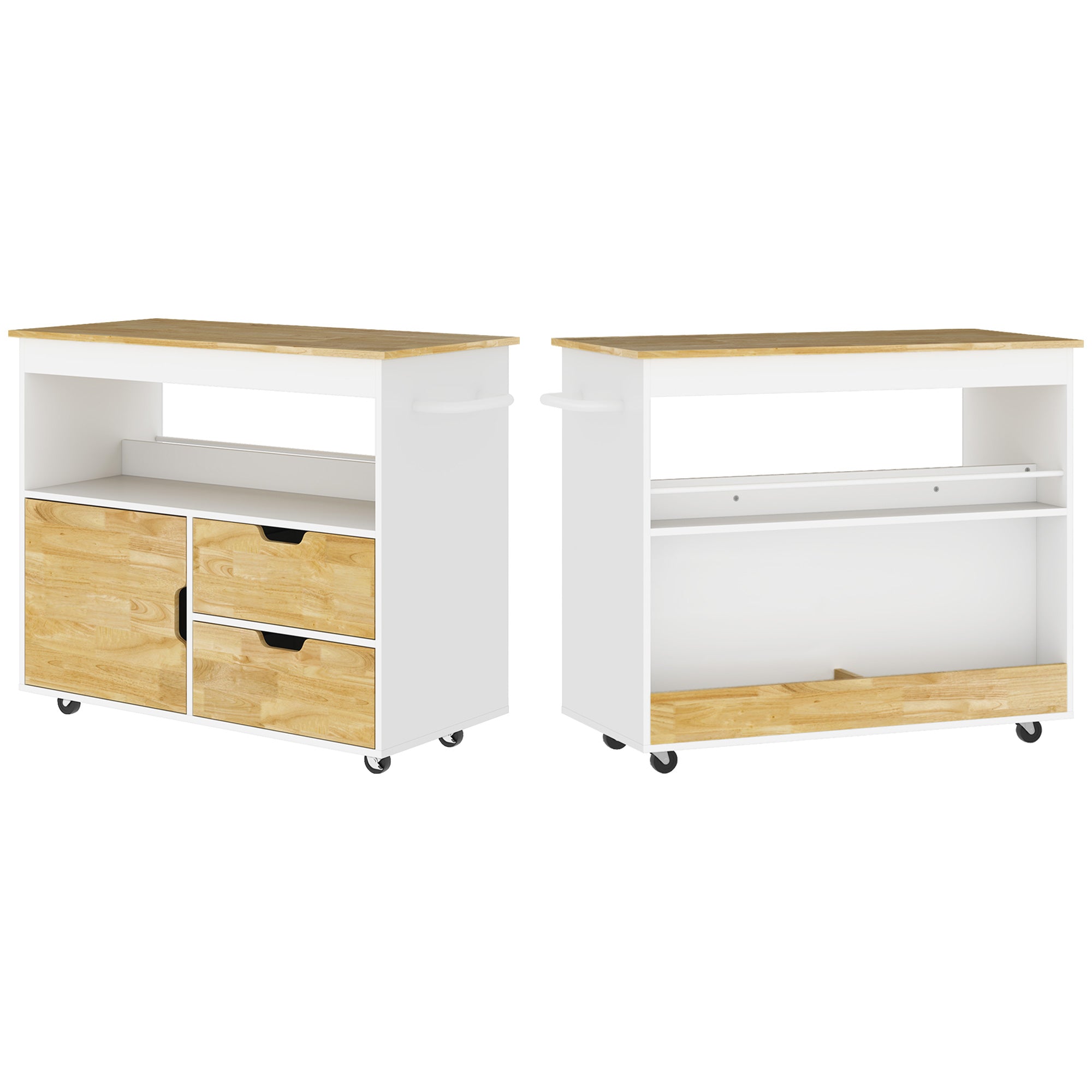 Kitchen Cart with Drawers, Cabinet, and Handle, Oak