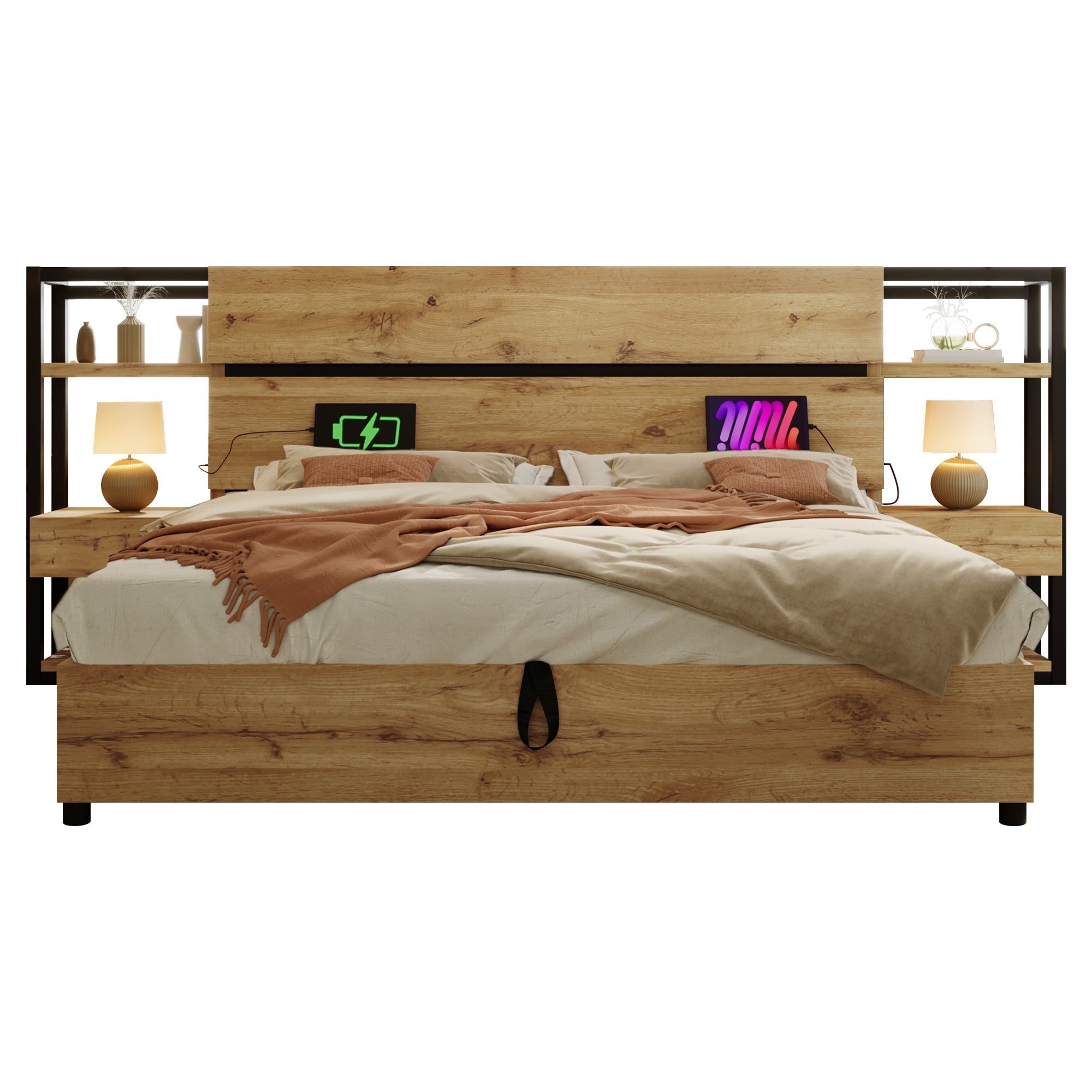 Wooden Double Bed 160×200cm Hydraulic Storage Headboard USB Charging Oak Color