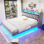 Upholstered Bed 180x200cm Hydraulic Storage Headboard with LED Socket Floating Design Light Grey Velvet