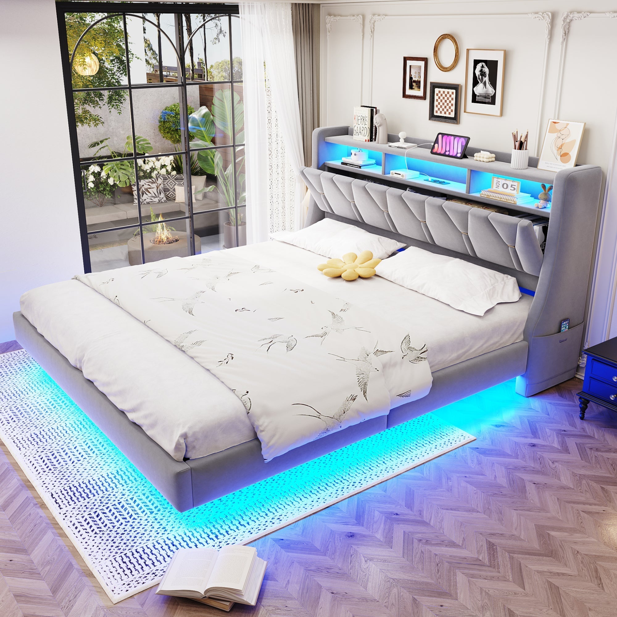 Upholstered Bed 180x200cm Hydraulic Storage Headboard with LED Socket Floating Design Light Grey Velvet