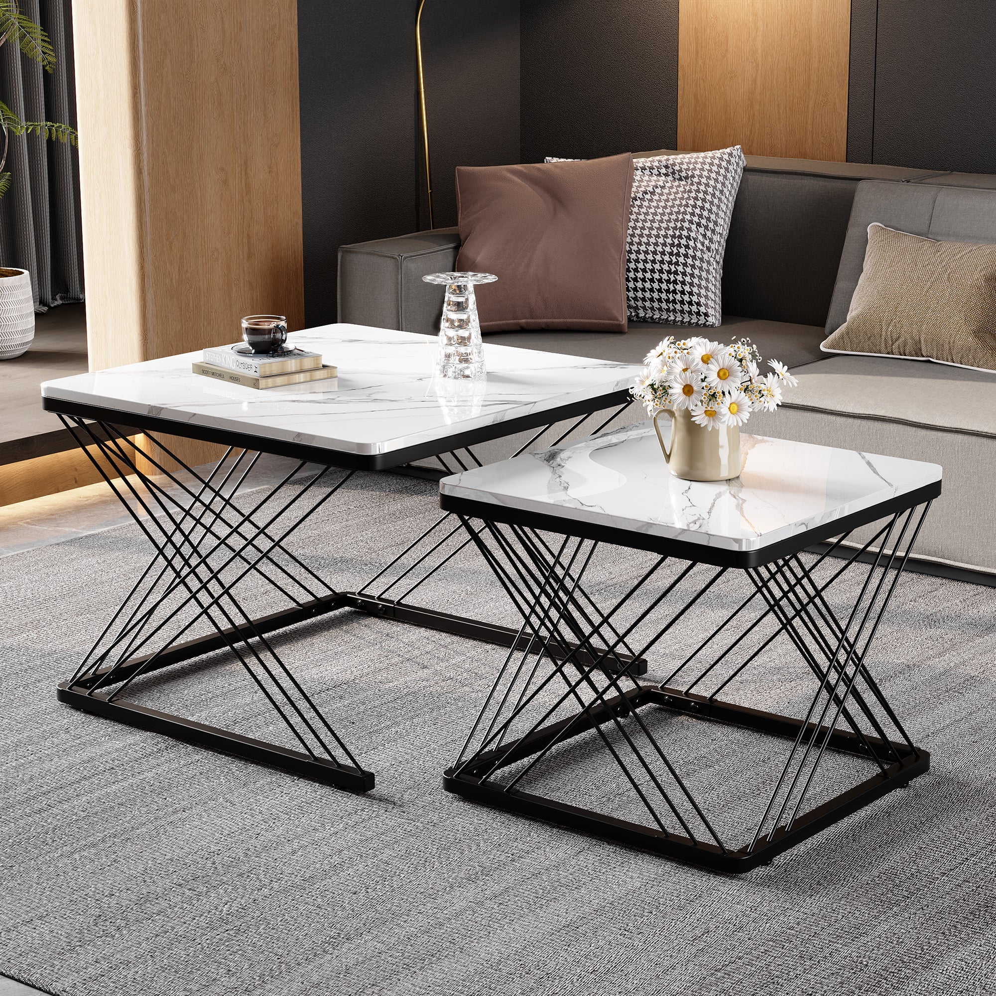 Coffee Table Set 2-Piece Square High-Gloss Marble Look
