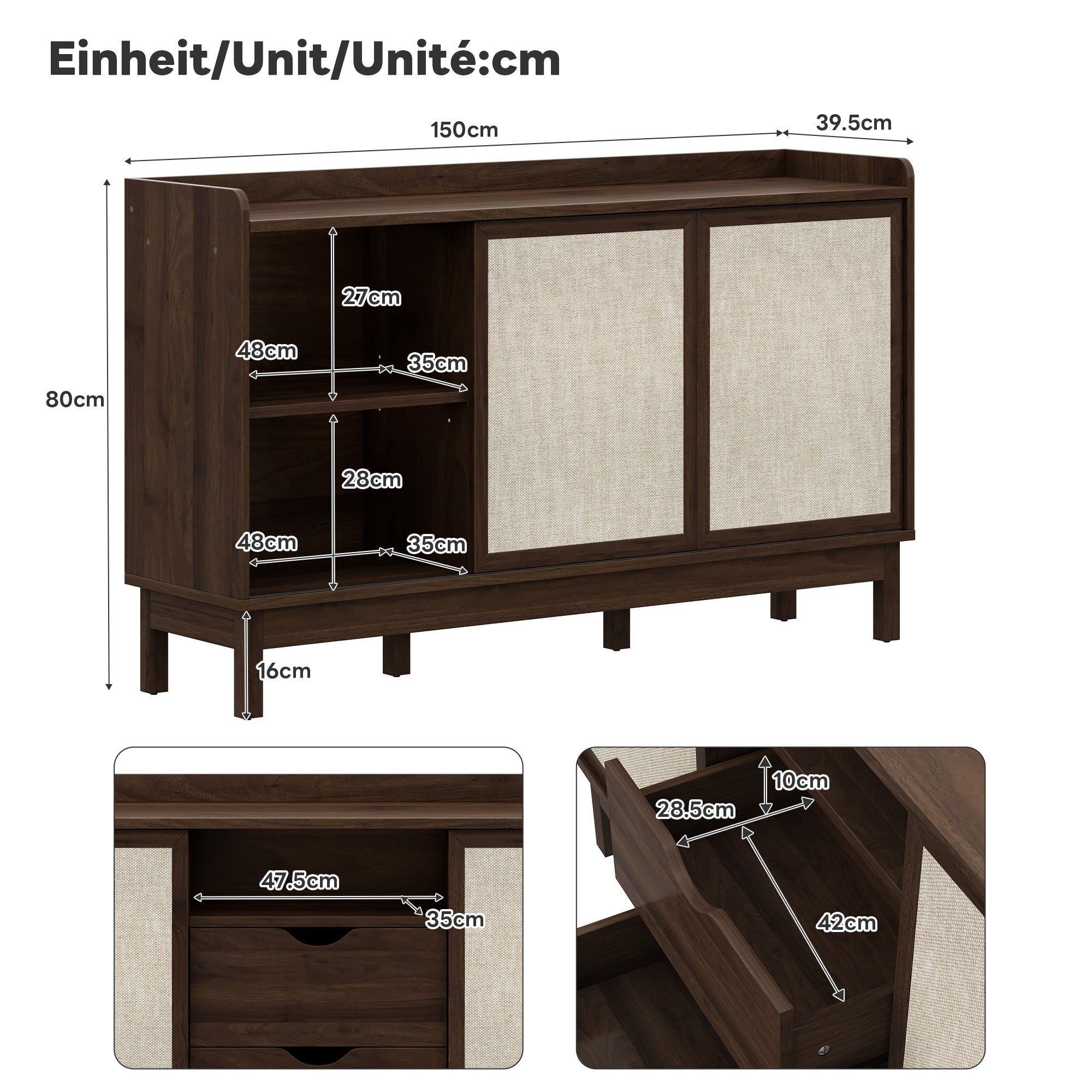 Sideboard Sliding Doors Double Drawers Multifunctional Storage