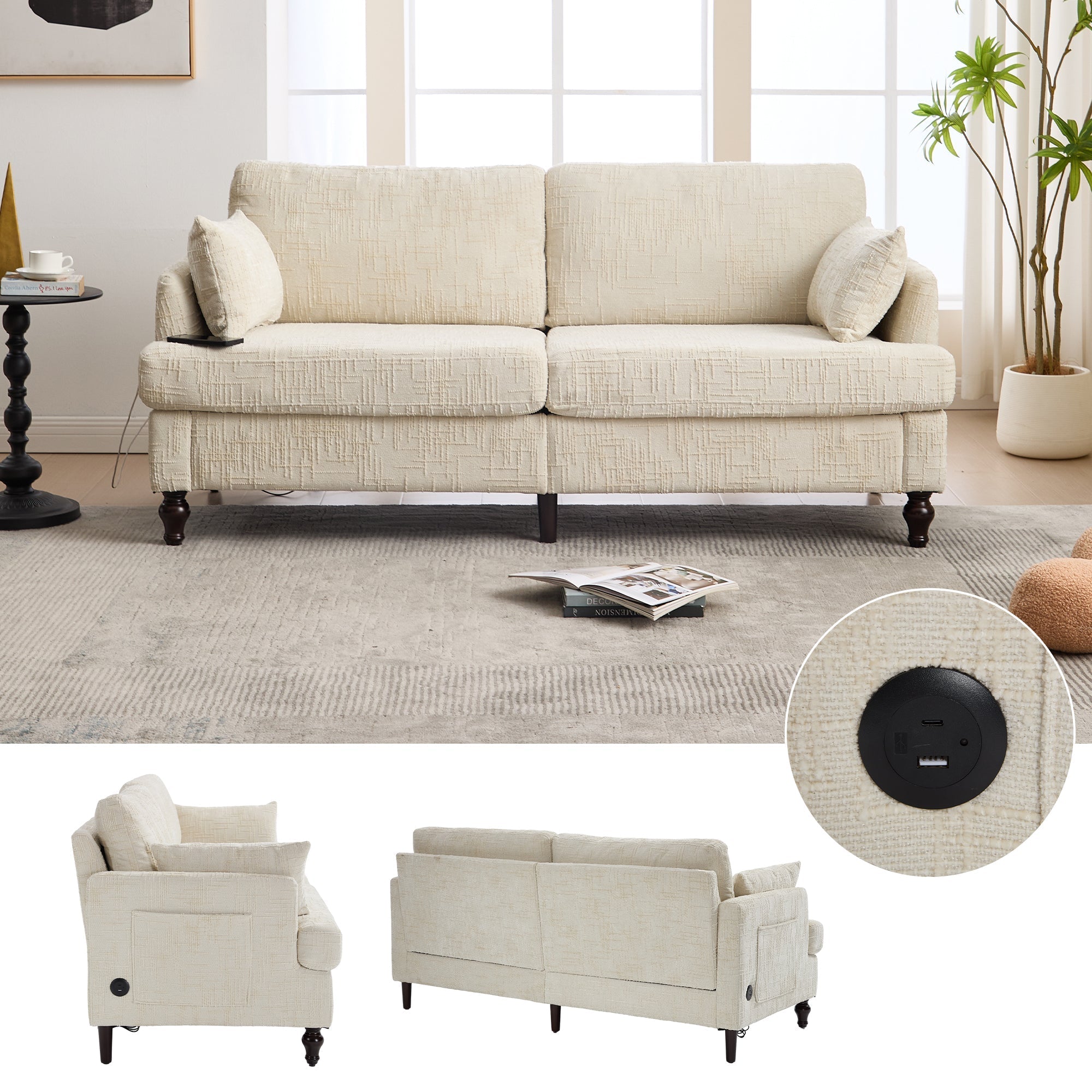 Sofa, 2-Seater with LED Light, USB & Storage, Chenille