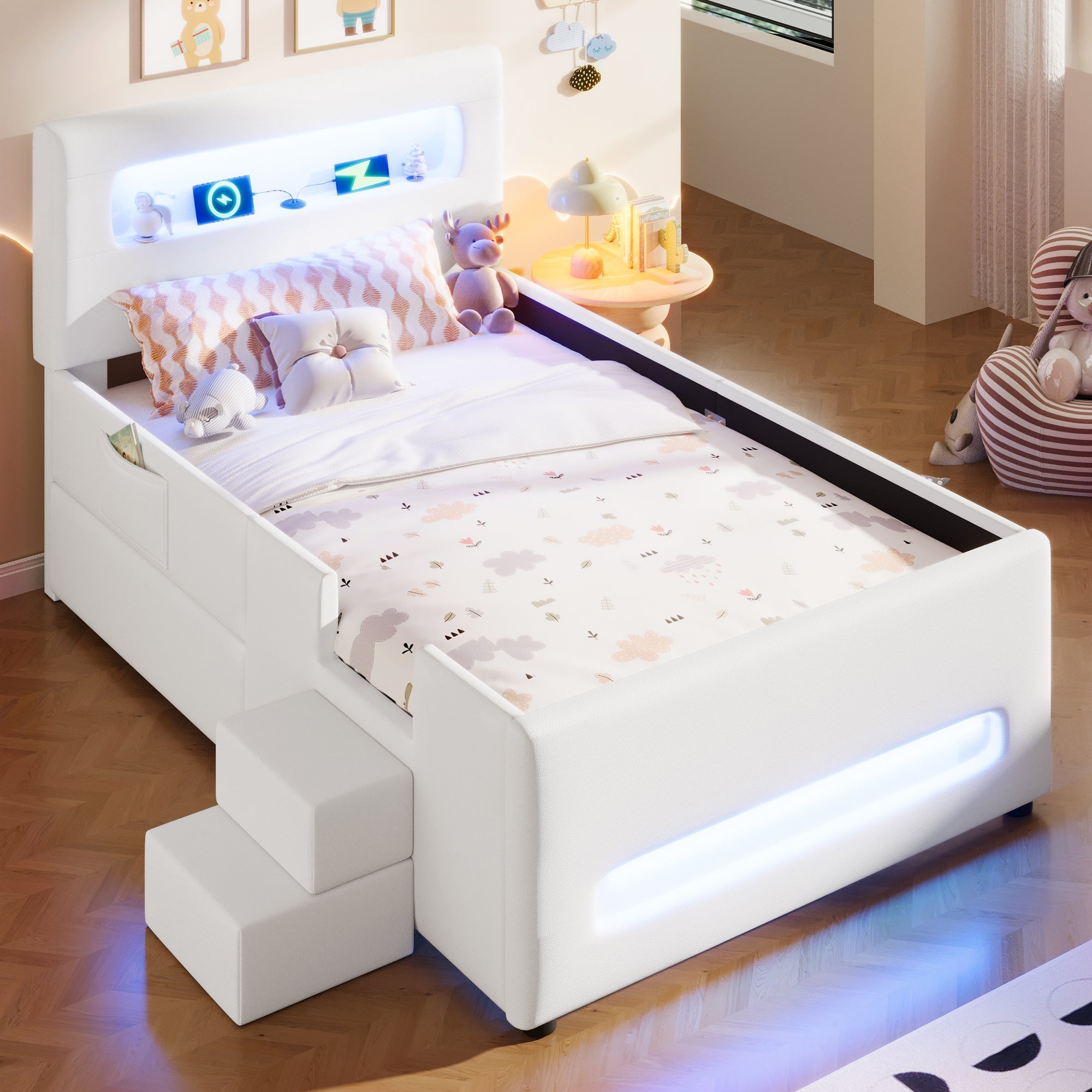 Upholstered Platform Bed 90x200cm Stairs Drawers LED USB Storage Pockets - White