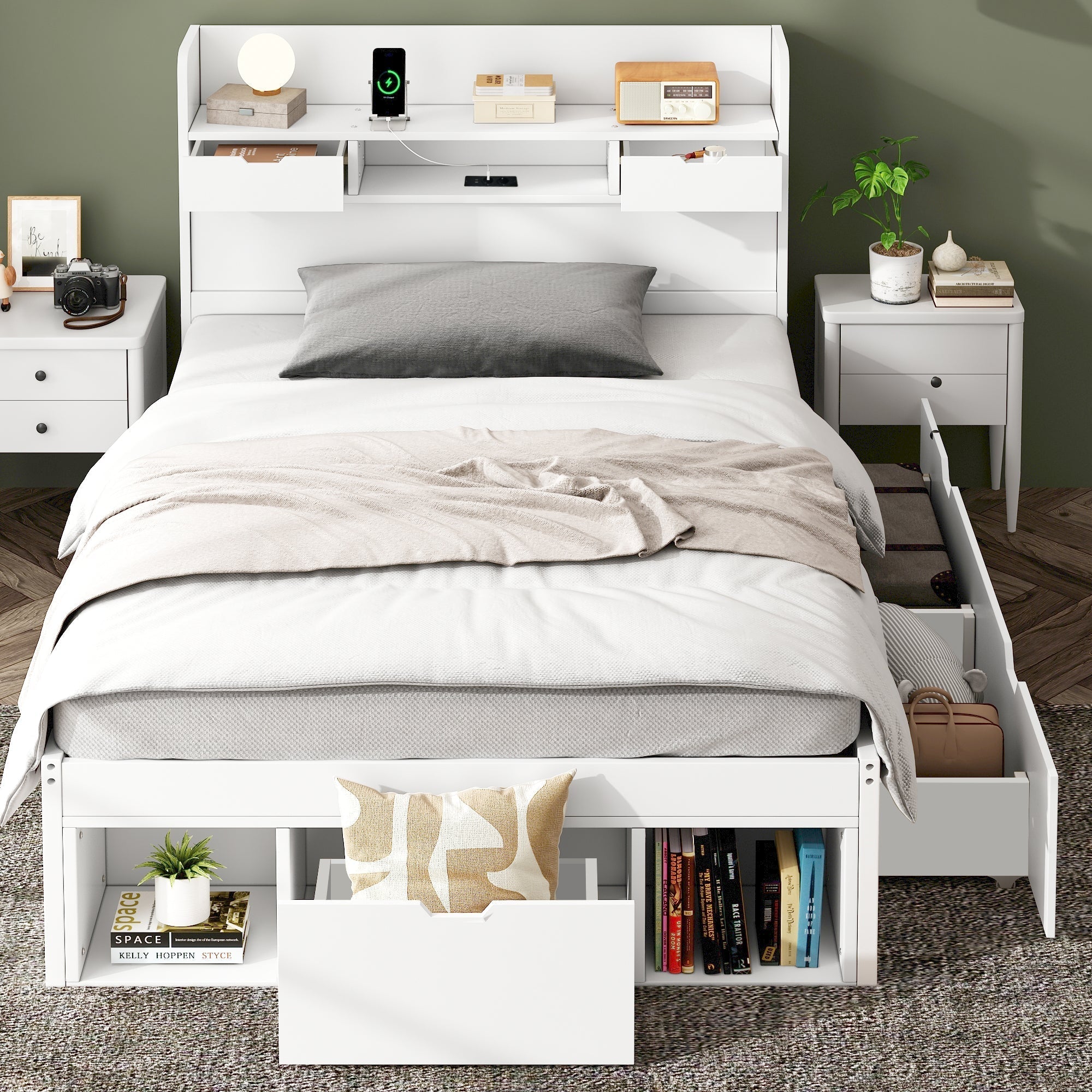 Single Bed with USB Port, Drawers and Storage Cabinet, White