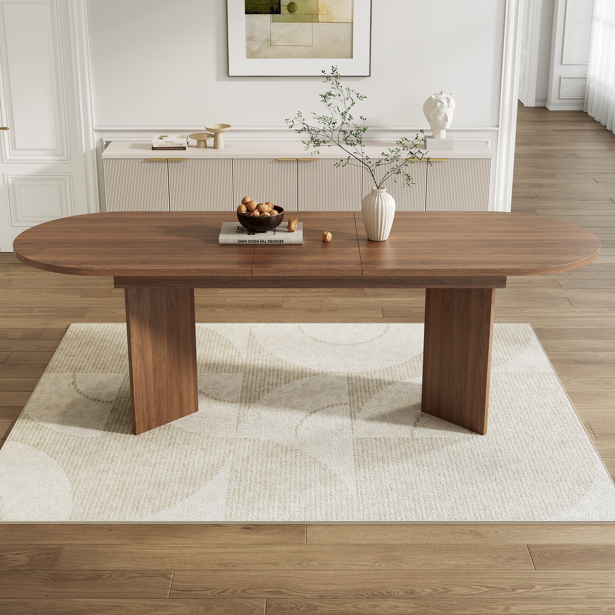 Extendable Dining Table, 160/200x90cm, for 6-8 People, Rounded Corners and Thickened Tabletop, Walnut