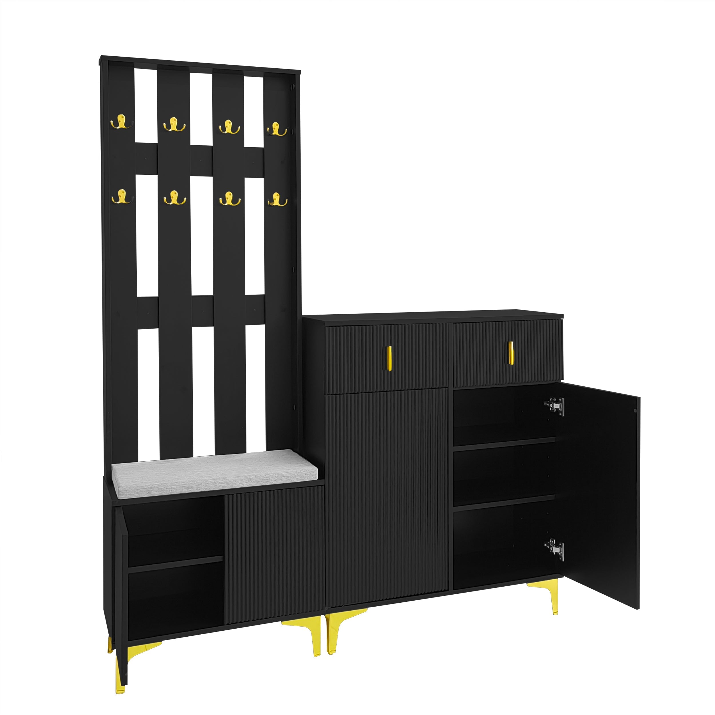 Wardrobe Set, Shoe Bench, Hooks, Drawers & Doors, Black Particleboard