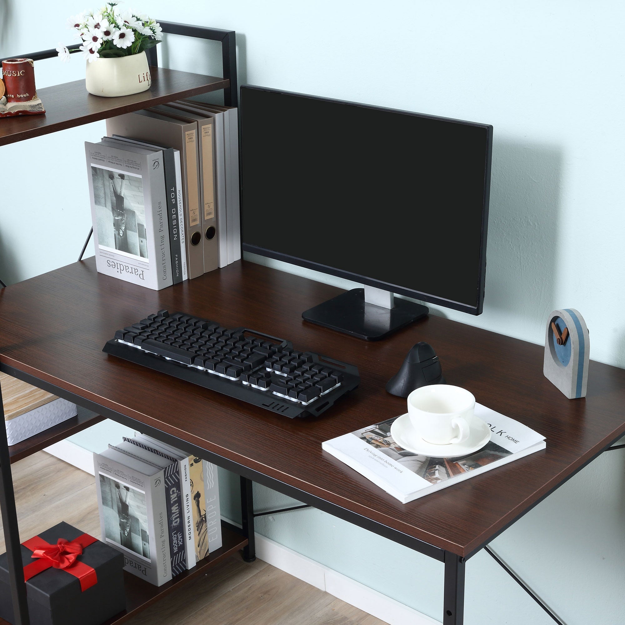 Computer Desk with Storage Shelves Reversible Industrial Style, Walnut and Black