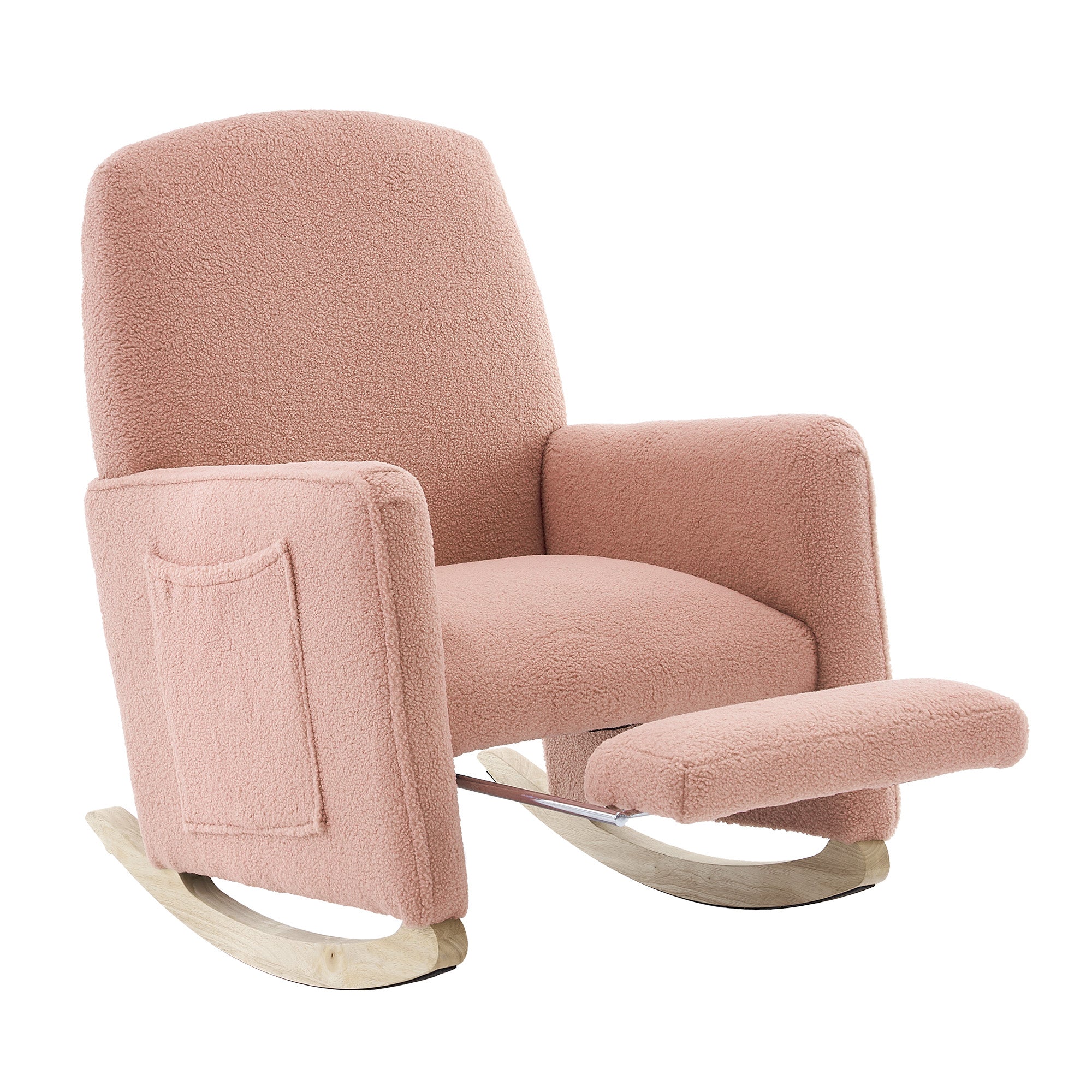 Rocking Chair with Stool, Indoor Recliner with High Backrest, Pink Teddy Fabric