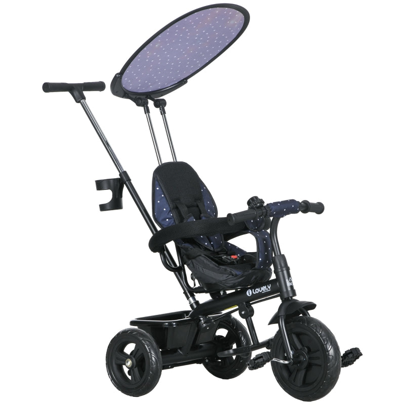 Children's tricycle 6-in-1 with push bar, canopy, belt, storage basket, dark blue