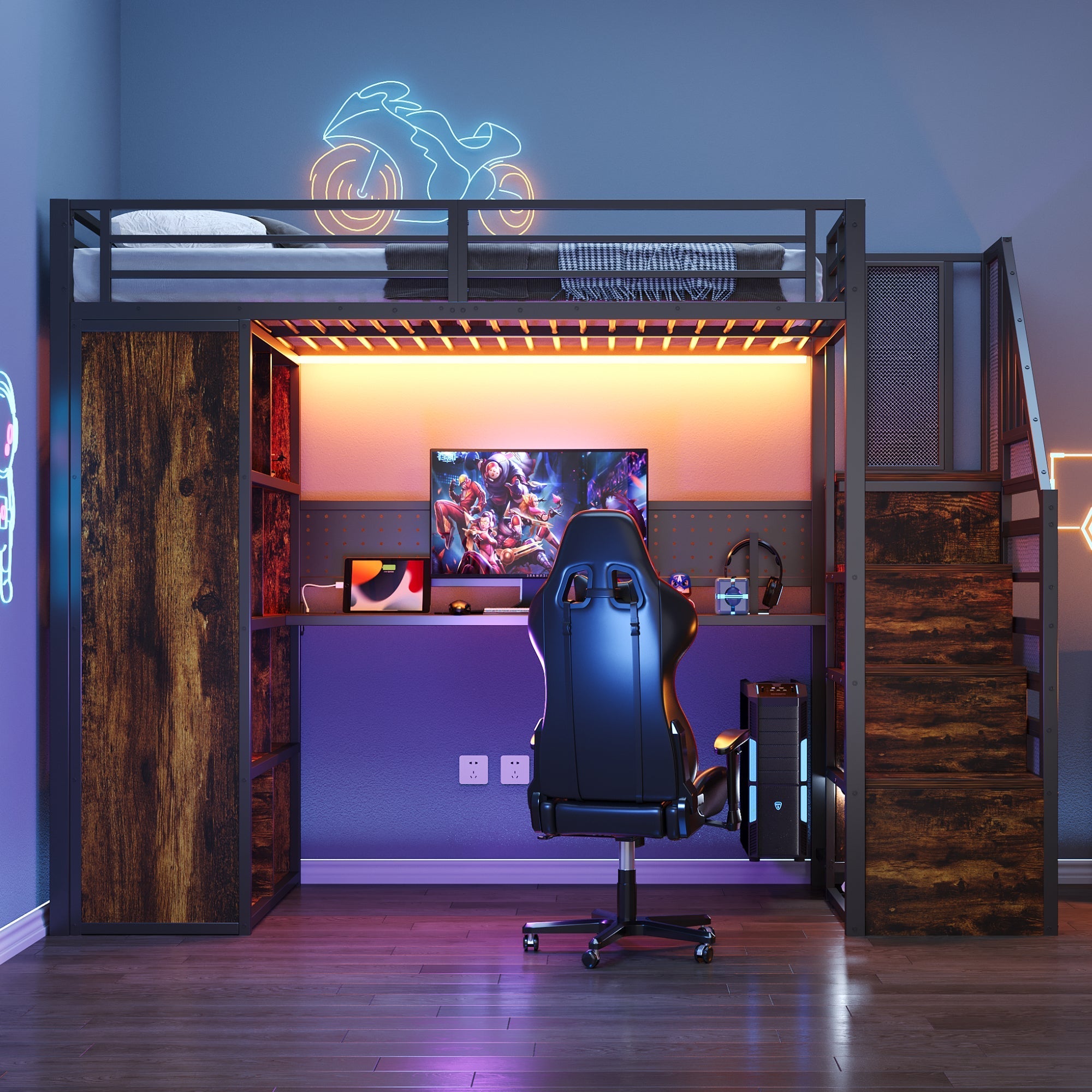 Metal Loft Bed with Wardrobe, Desk and LED Light Strip, Black Metal