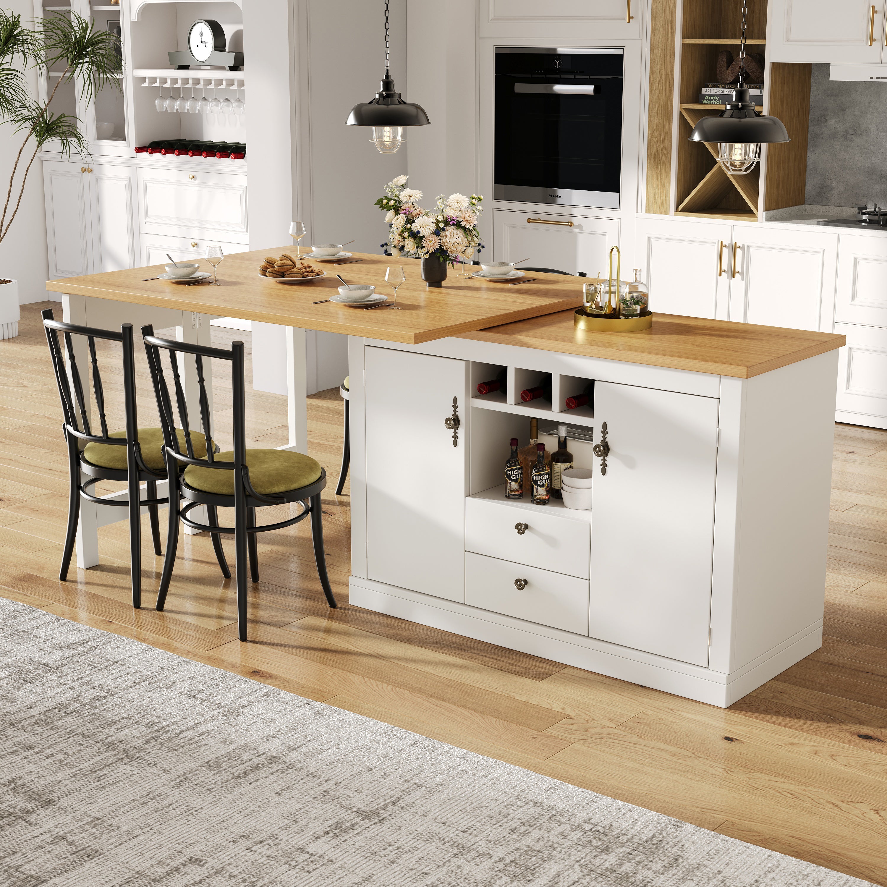 Extendable Bar Table with 360 Swivel and Storage, 120-180cm, White and Black