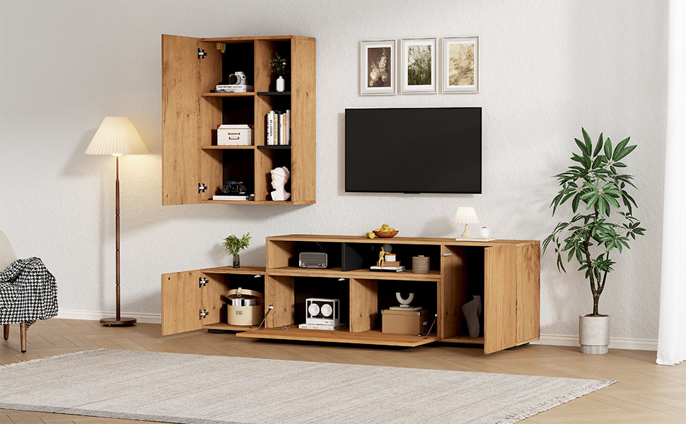 TV Wall Unit Set, 2-Piece Media & Display Cabinet, up to 120" TV, Wood & Black