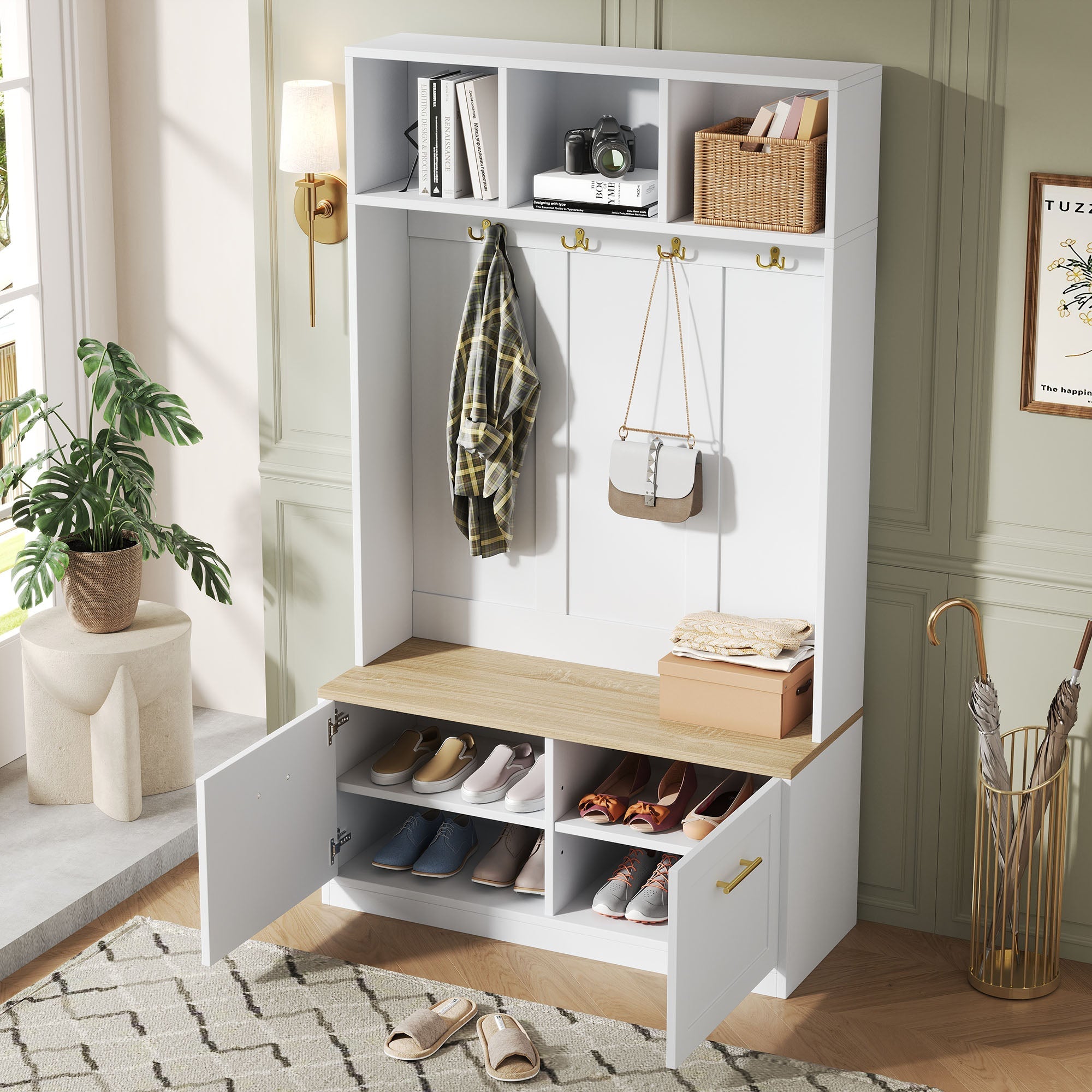 Wardrobe Set Compact Hallway Bench 2 Doors 4 Hooks natural & white