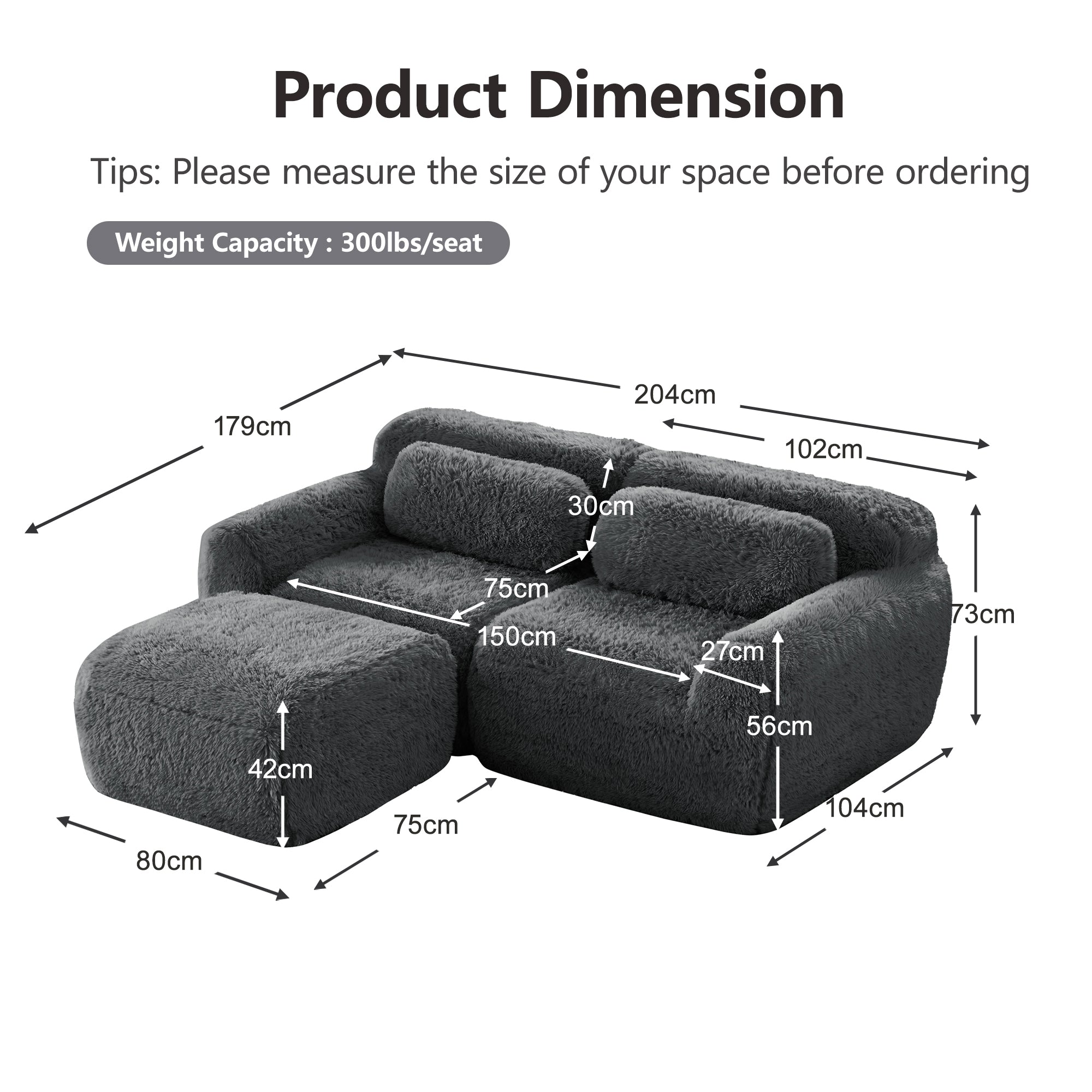 L-shaped 2-Seater Sofa, Modular Plush Fabric, Grey