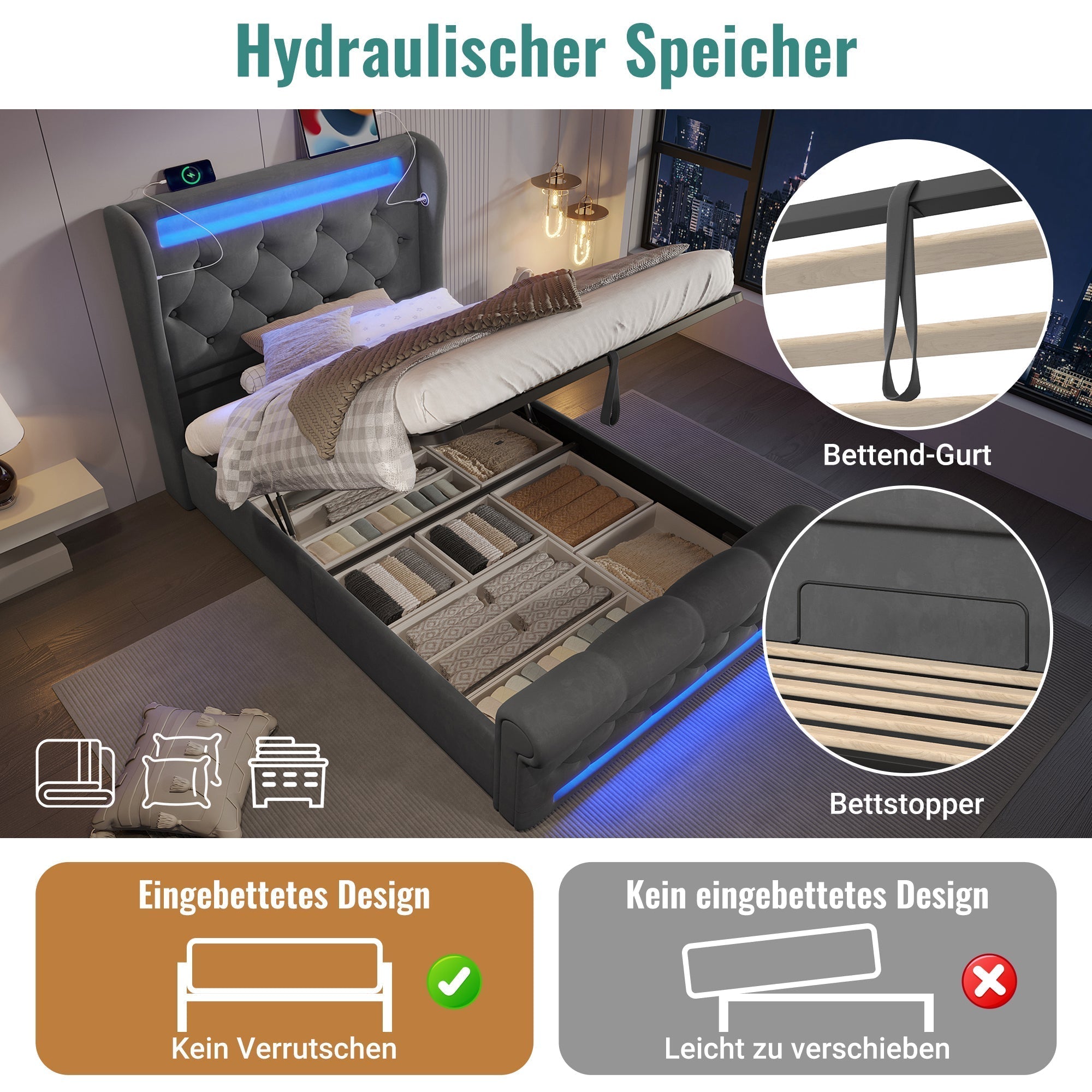 Upholstered Single Bed 90x200cm LED Headboard USB Hydraulic Storage Grey Velvet