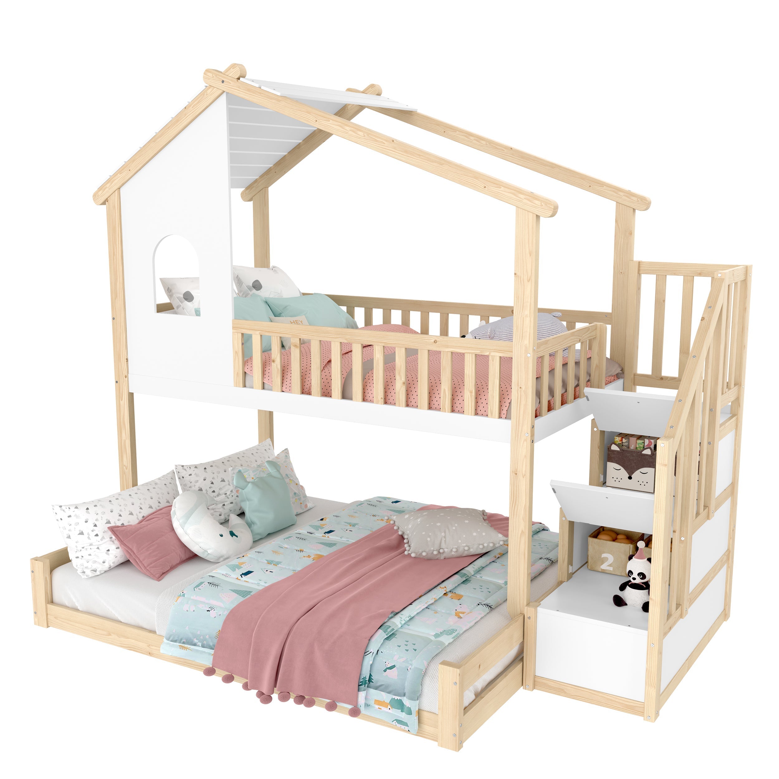 Bunk Bed with Storage Ladder and House Railing, 90x200cm and 140x200cm, Natural and White