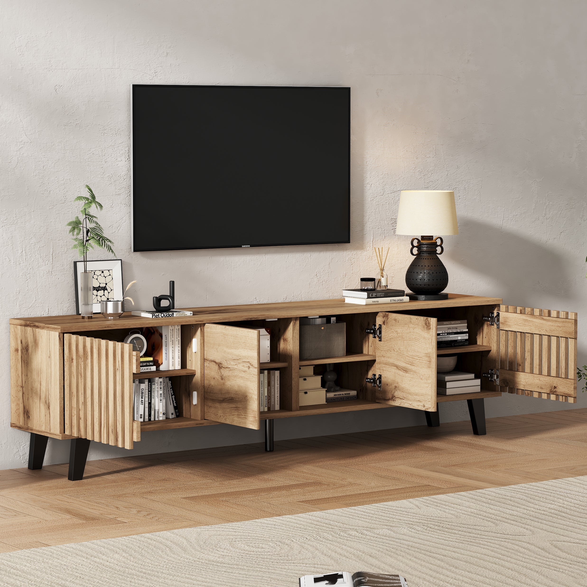 TV Cabinet 180x40x55cm Lowboard 8 Storage for 70-Inch TVs, Original Wood Color