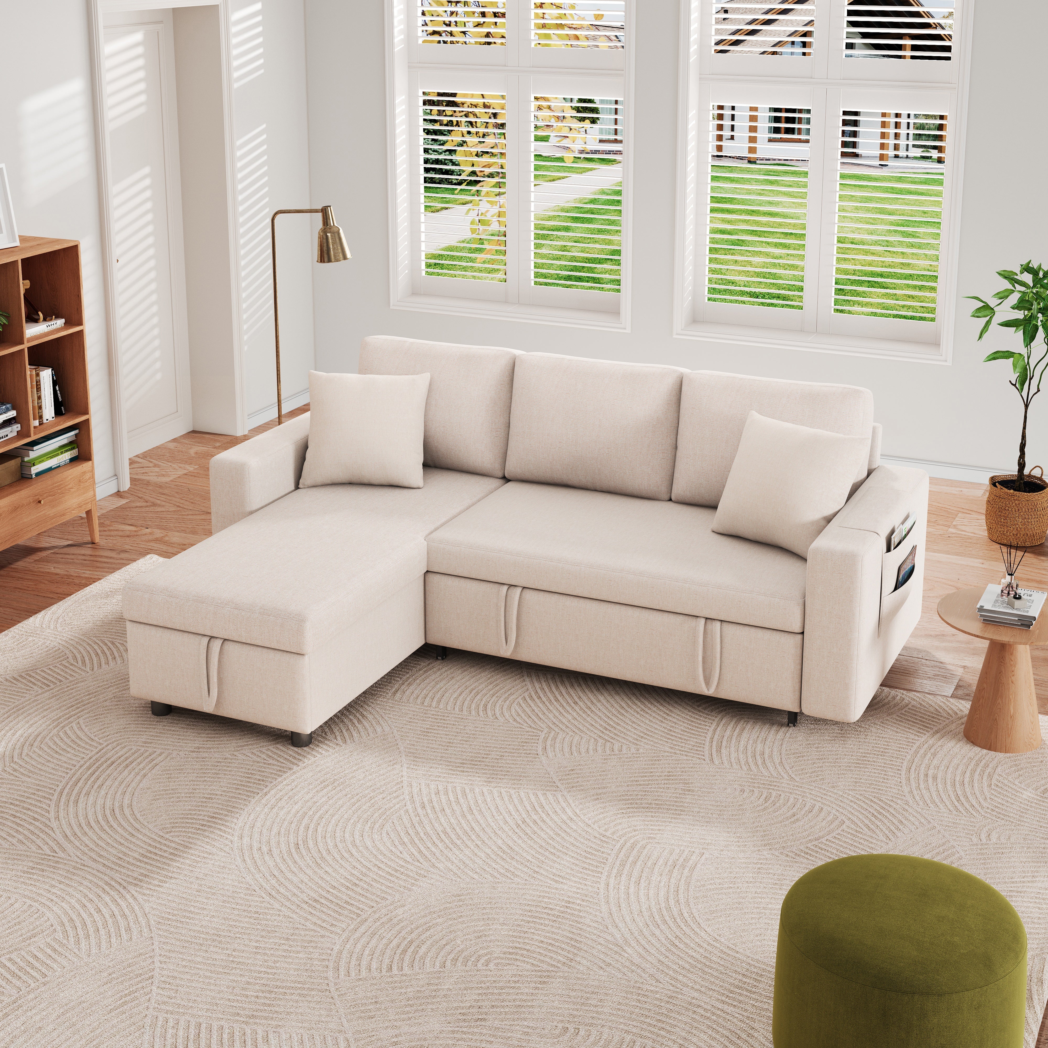 Sofa Bed L-Shaped Chaise Storage Reversible Beige