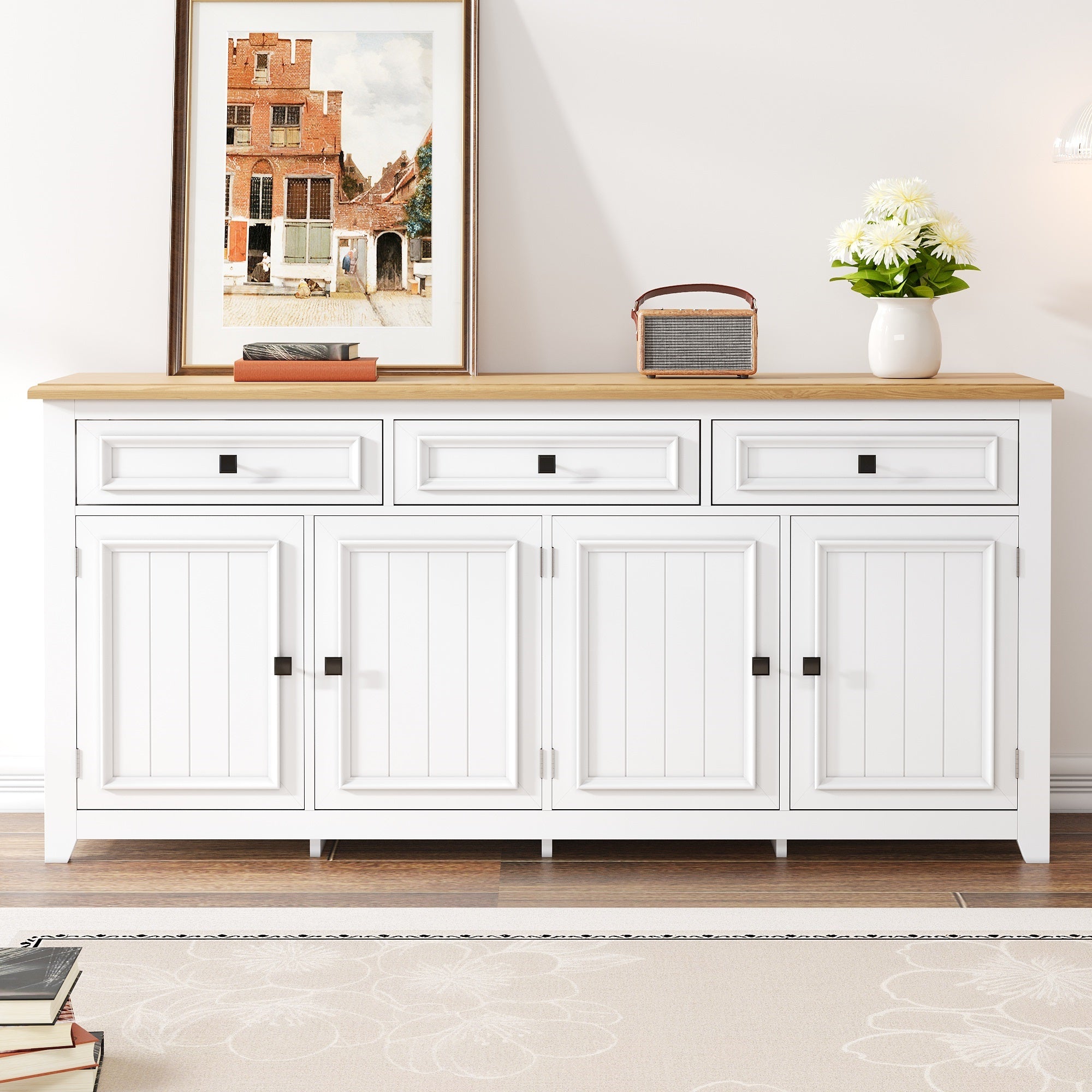 Sideboard Cabinet Buffet Storage Set, 160L x 35W x 76H cm, Modern and Simple White MDF