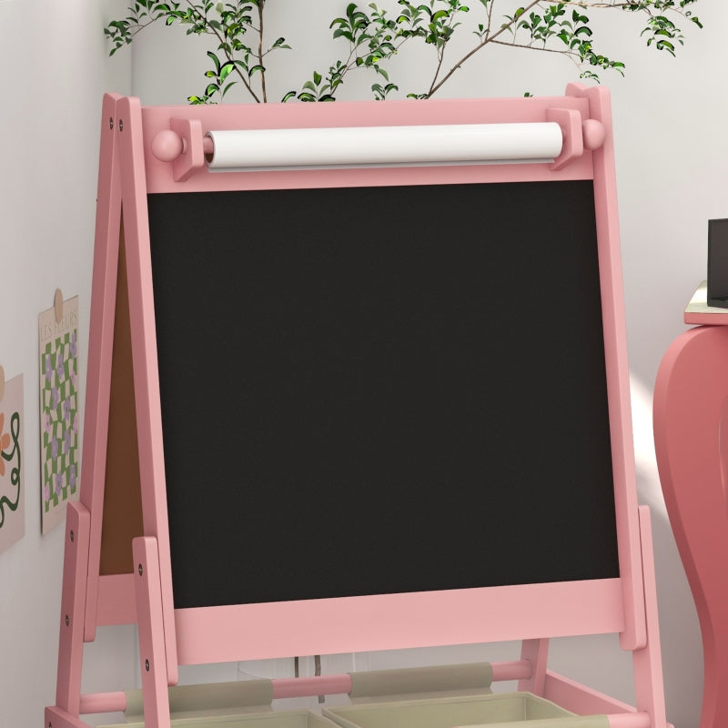 Children's Easel 3-in-1 Paper Roll Chalkboard Whiteboard Storage Baskets Pink