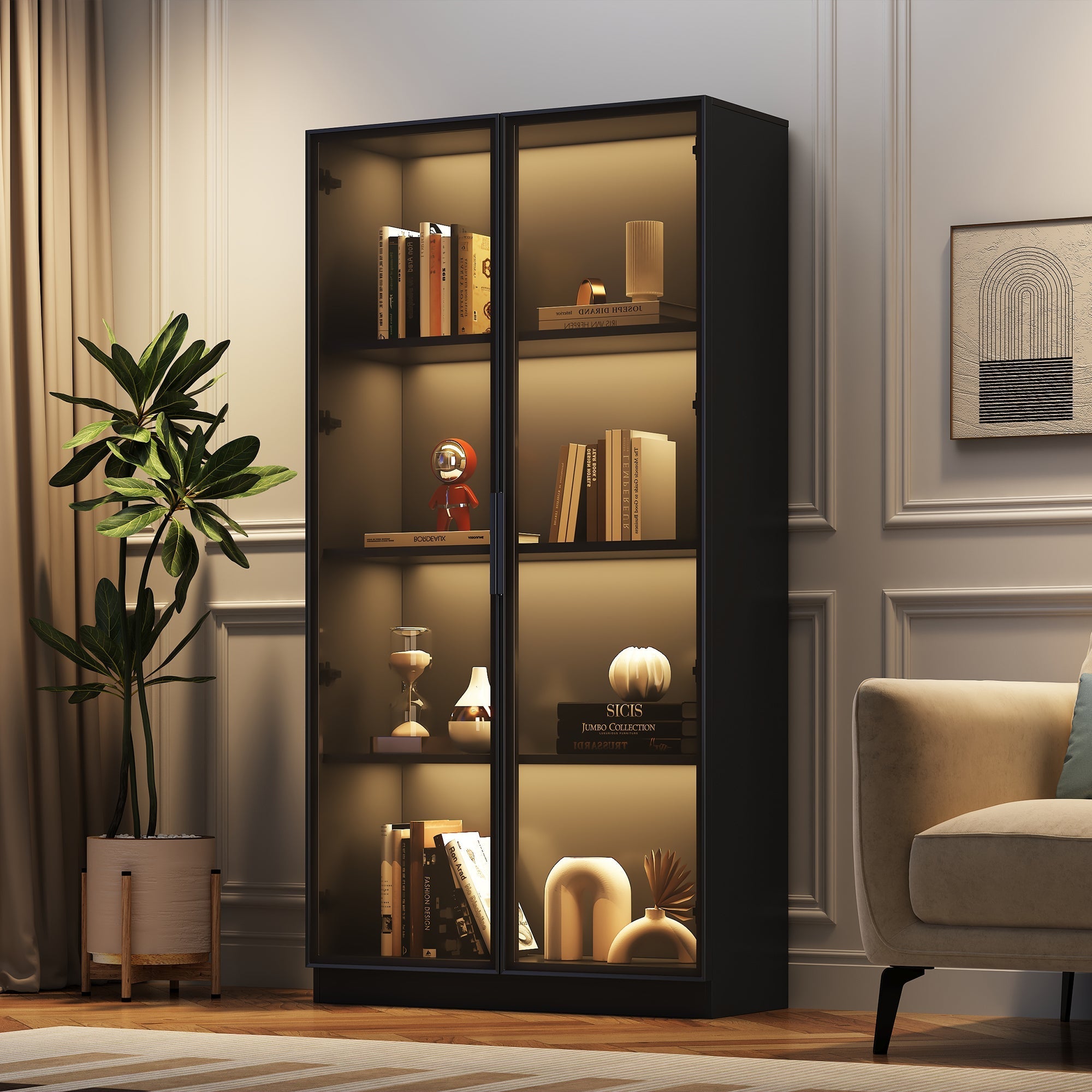 Glass Display Cabinet, Double-Door Adjustable Shelves 80x40x160cm, App-Controlled LED Lighting