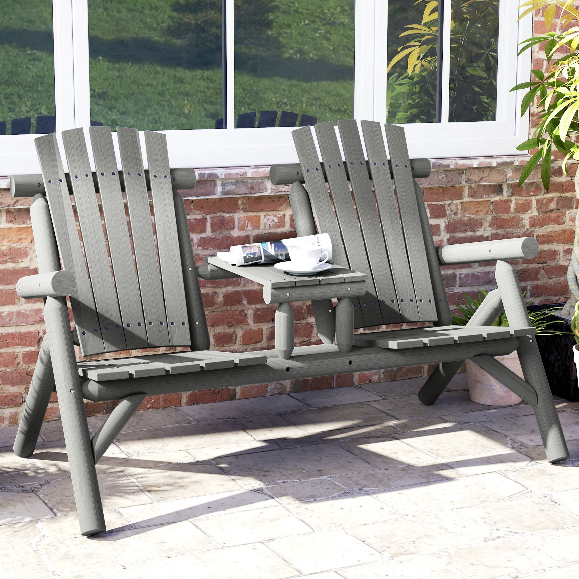 Wood Patio Chair Bench, 2 Seats with Centre Coffee Table, Grey