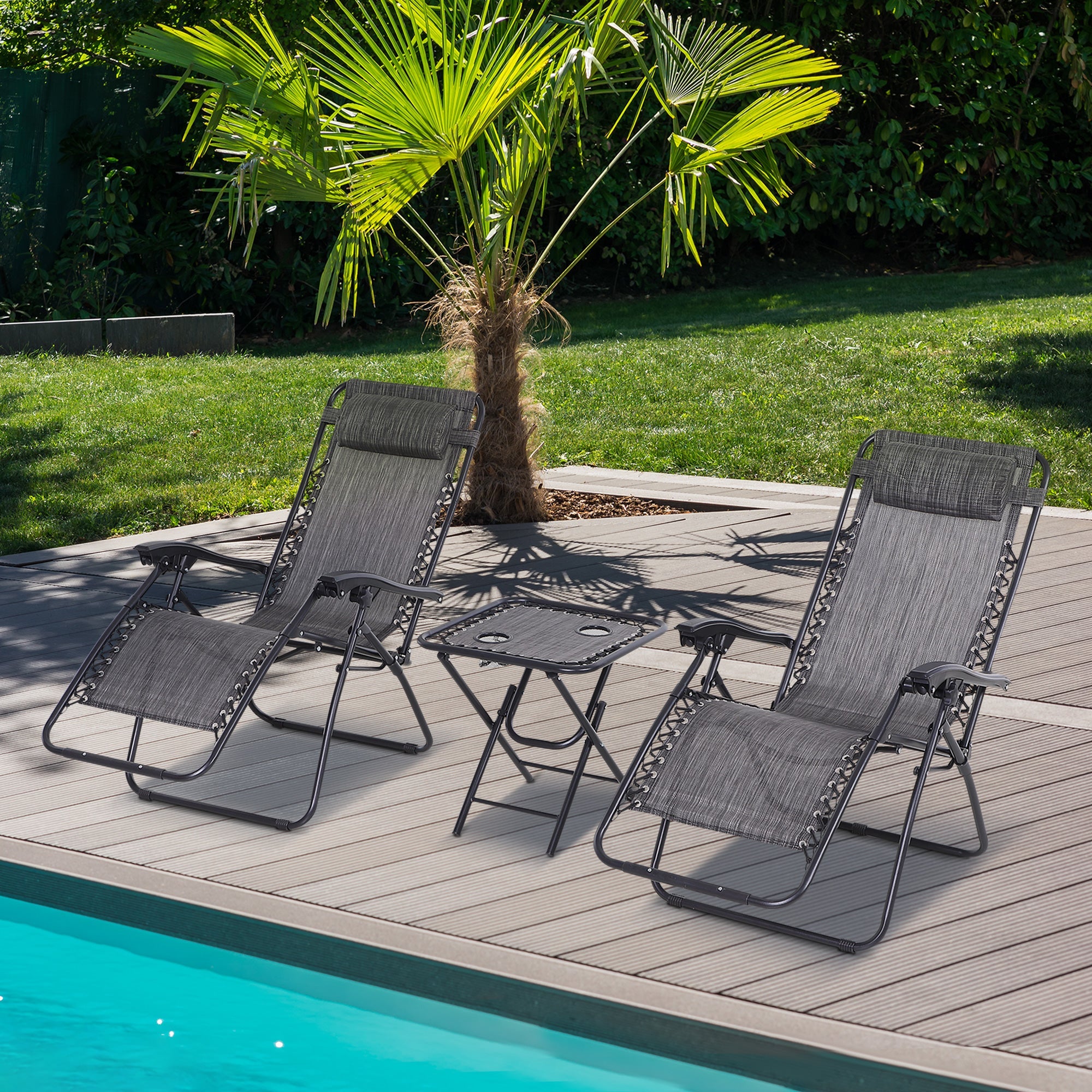 Folding Zero Gravity Chairs and Table Set with Cup Holders, Reclining Garden Yard Pool, Light Grey