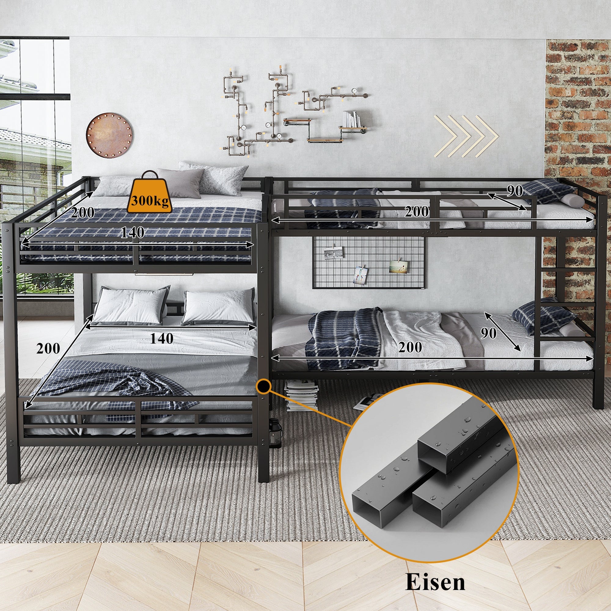 Iron Bunk Bed Multi-Size 90x200cm & 140x200cm Black
