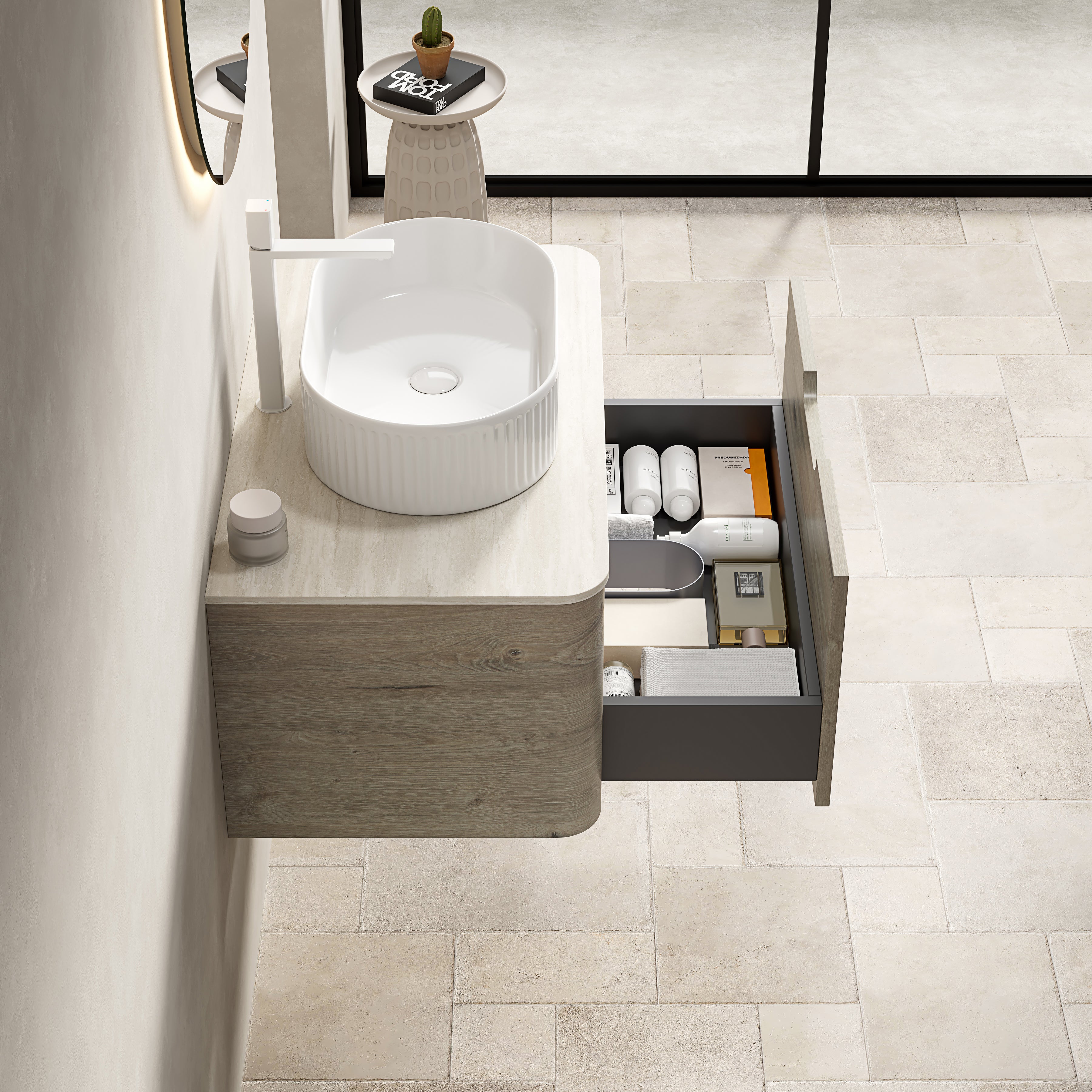 Floating Bathroom Vanity with Oval Sink and Sintered Stone Top, Oak Cream Wood Grain