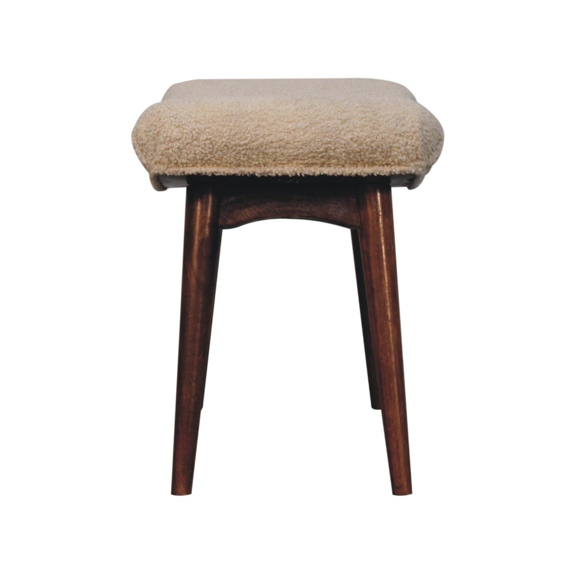 Solid Wood Curved Bench, Upholstered Honey Caramel Boucle Cream