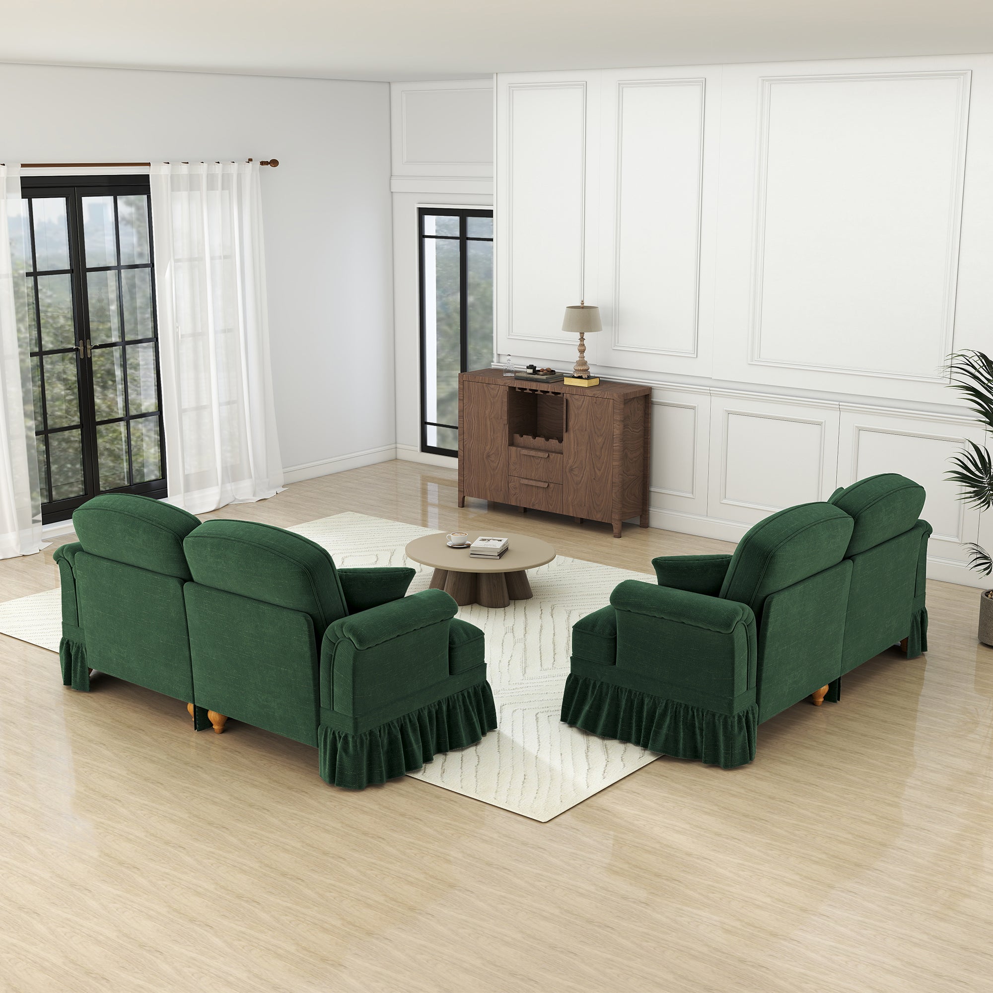 L-Shaped Sofa Mid-Century 2-Seater Movable Ottoman - Green Chenille