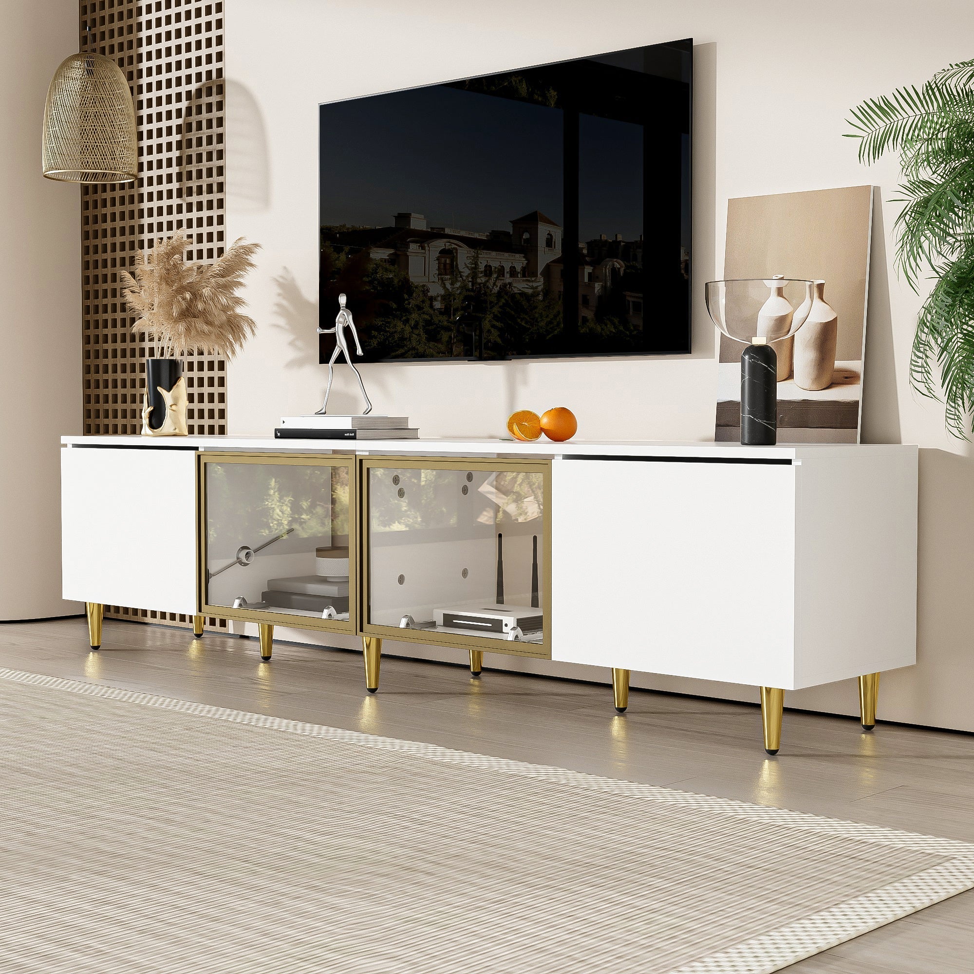 TV Cabinet 170cm Minimalist Style, Floor and Wall Mounted, 4 Doors (2 Glass Doors), White