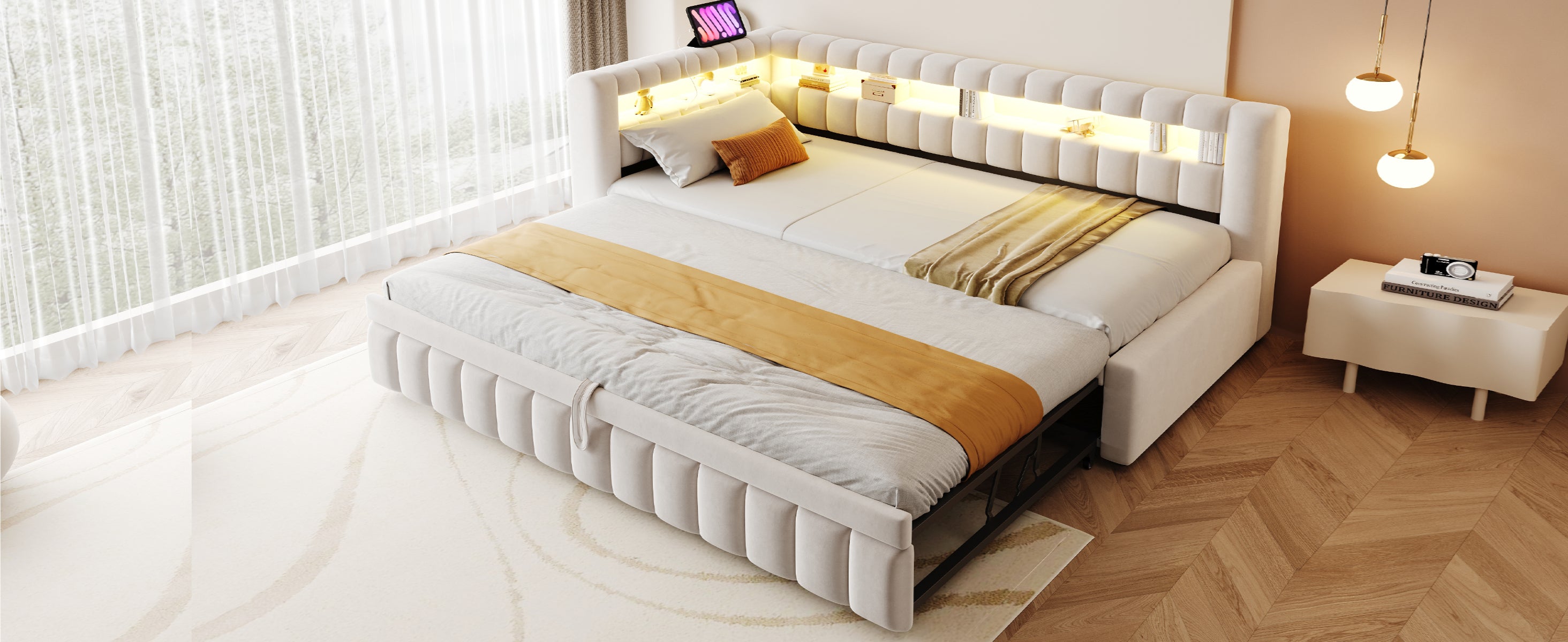 Upholstered Extendable Sofa Bed with LED and USB Port, 90x200cm, Beige Velvet