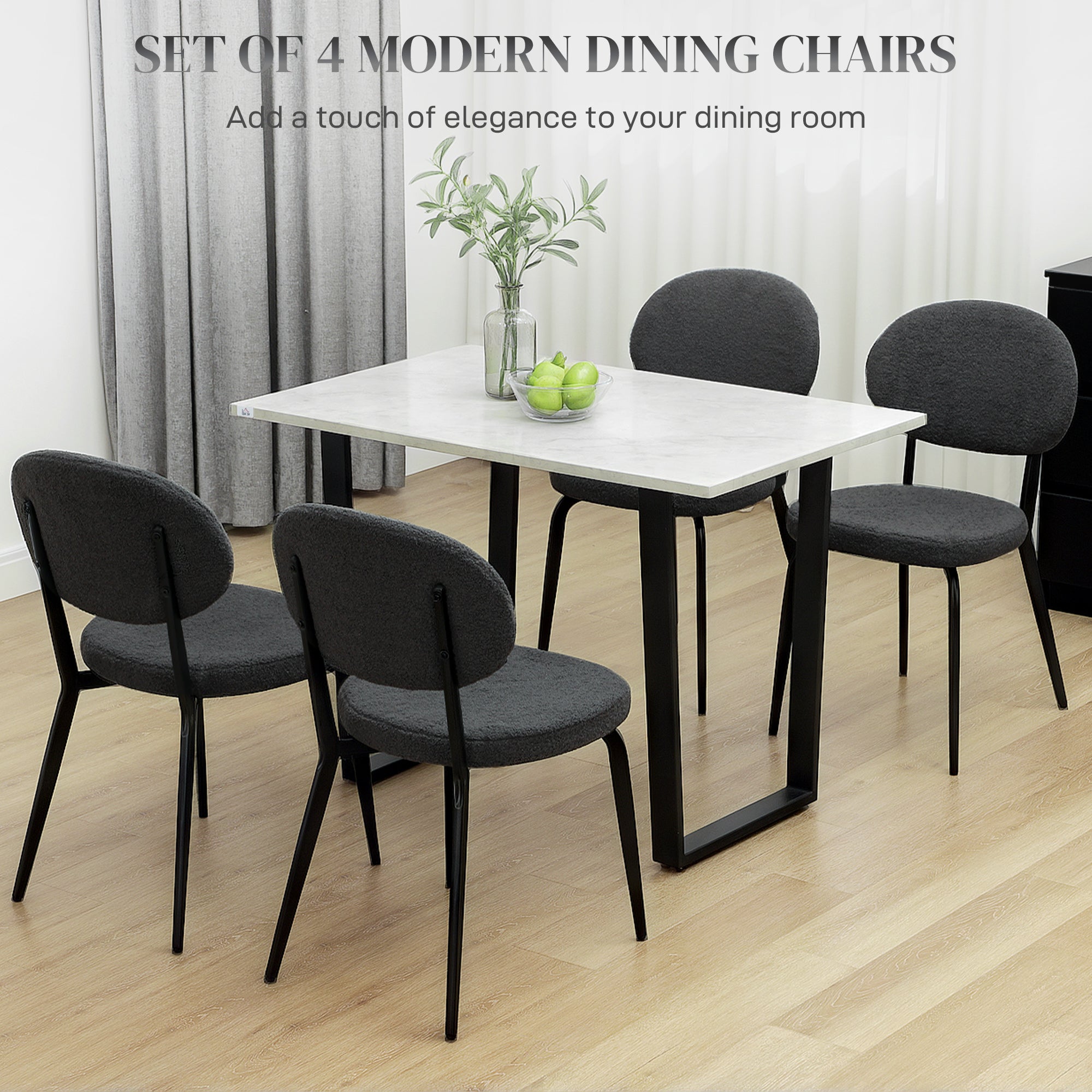Set of Four Dining Chairs, Boucle Finish, Black