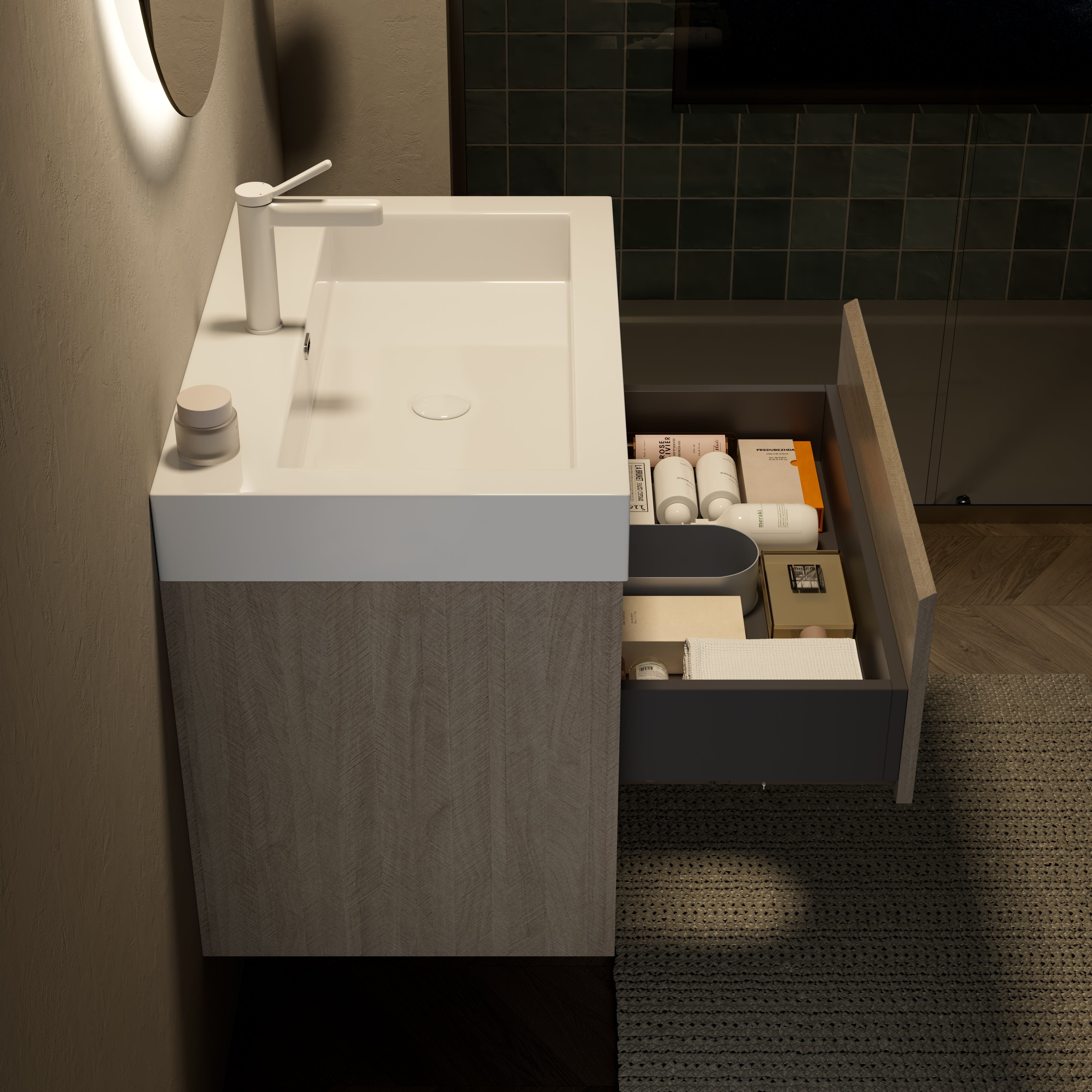 Wall-Mounted Bathroom Vanity Unit with Integrated Resin Basin and Storage, Light Oak wood Grain Color