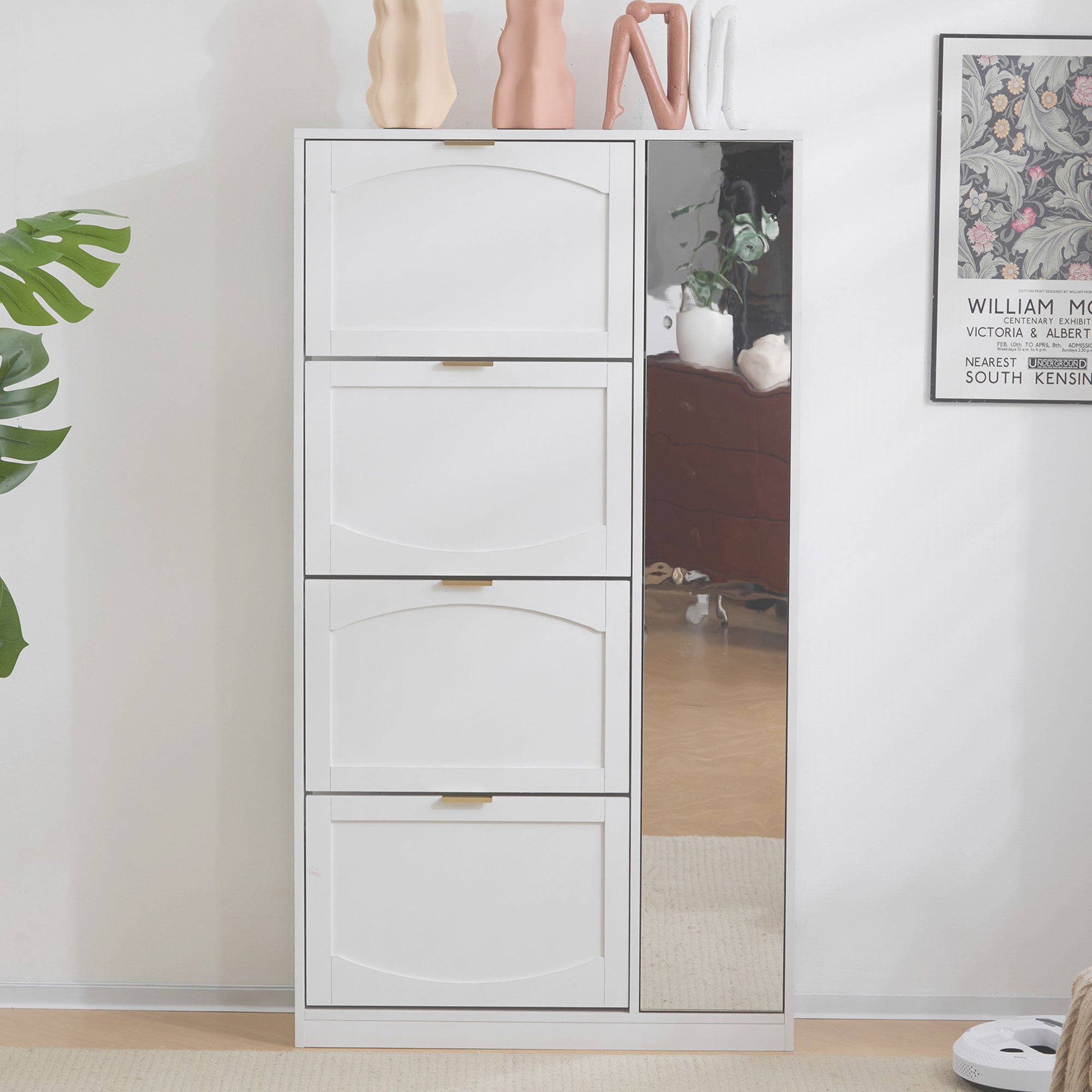 Shoe Cabinet with Mirror 4 Drawers Adjustable Shelf 80x147x24cm - White