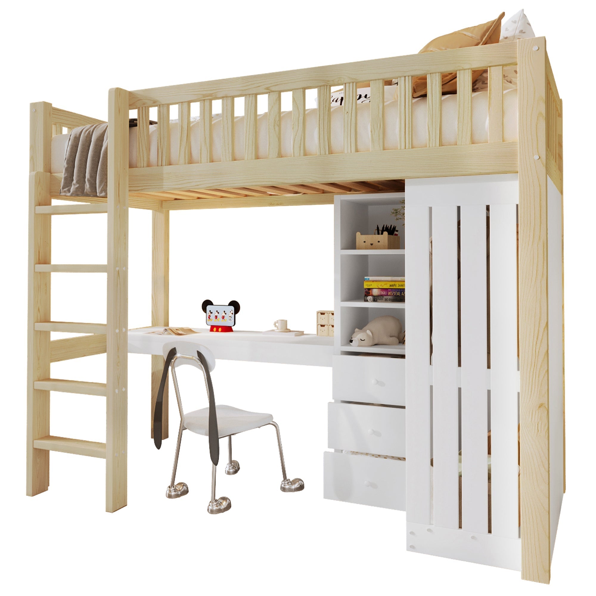 Loft Bed with Desk, Wardrobe and 3 Drawers, Natural