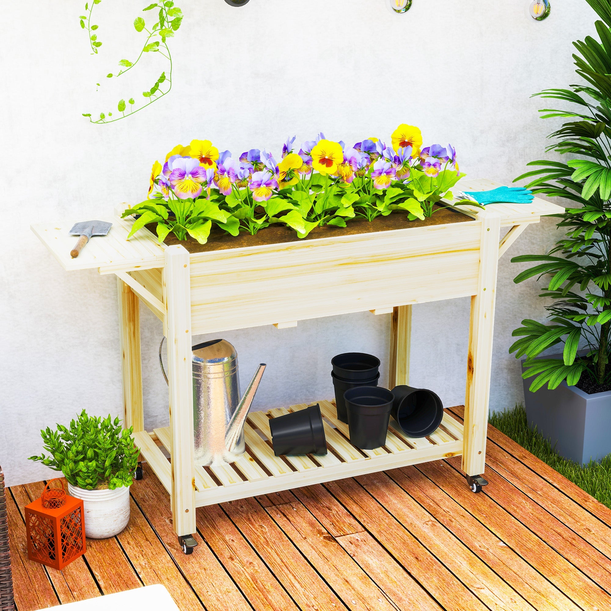 Wooden Raised Planter, 46 x 94cm with Shelves, Natural Finish