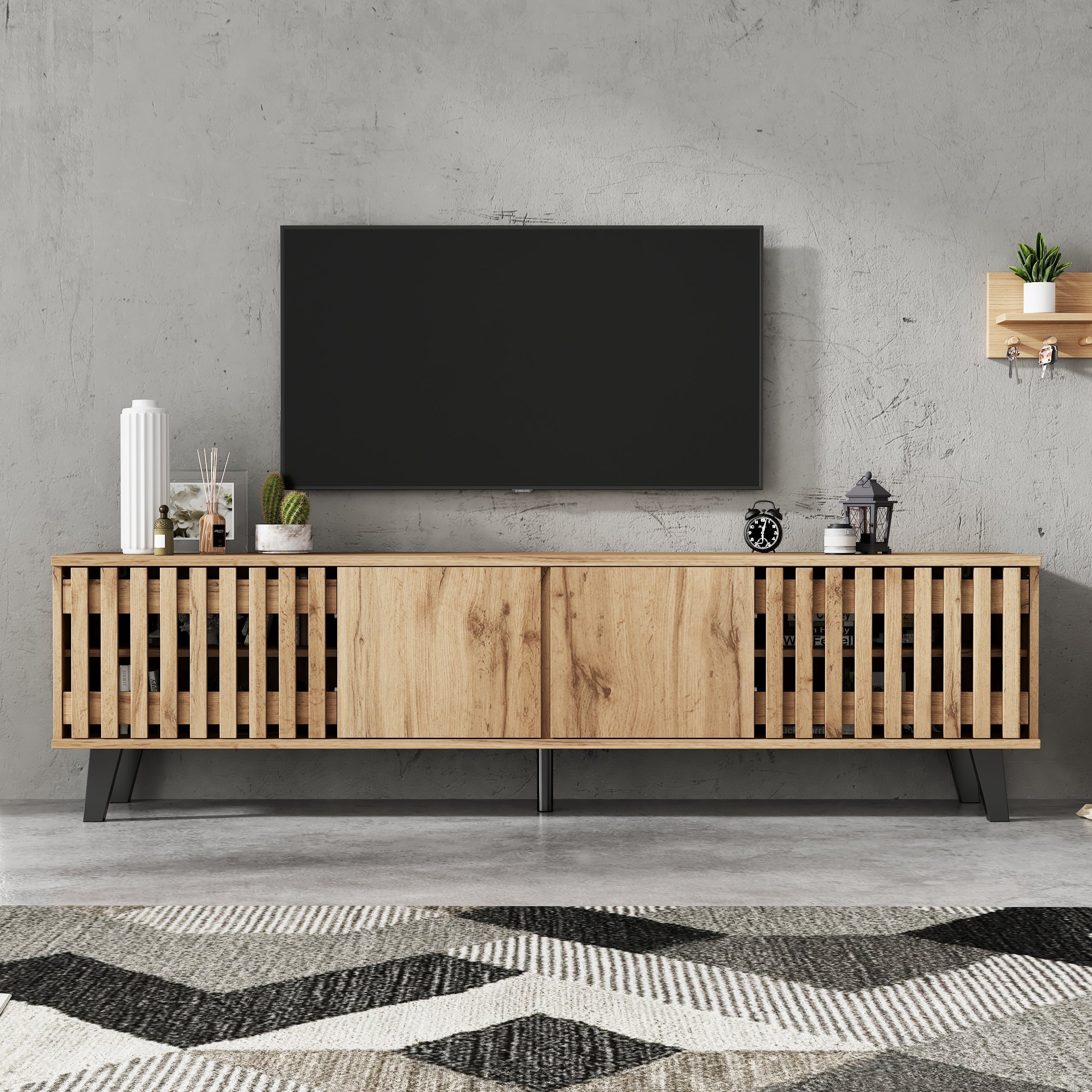 TV Cabinet 180x40x55cm Lowboard 8 Storage for 70-Inch TVs, Original Wood Color