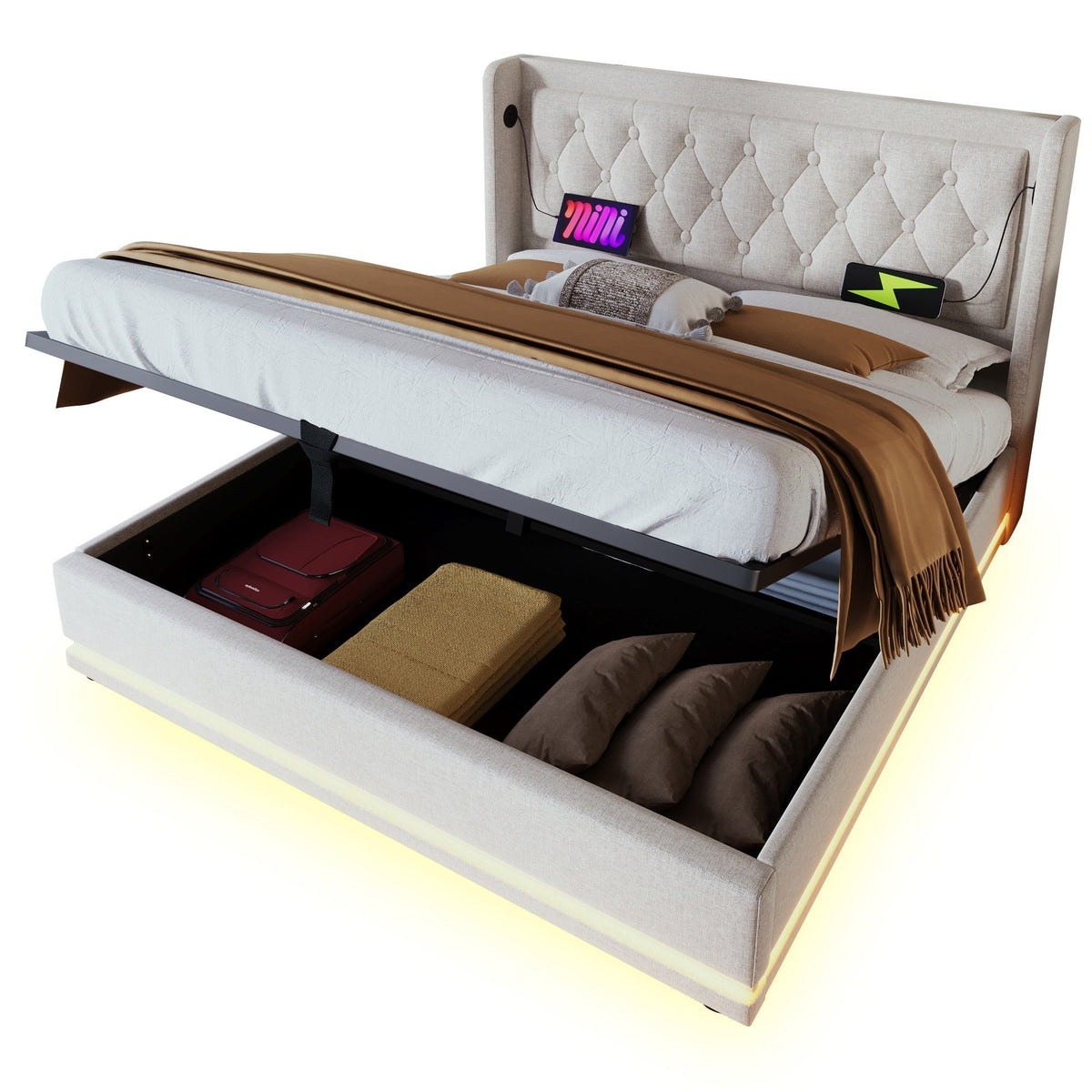 Upholstered Double Bed 180x200cm Hydraulic Storage LED Headboard USB-C, Beige Cotton