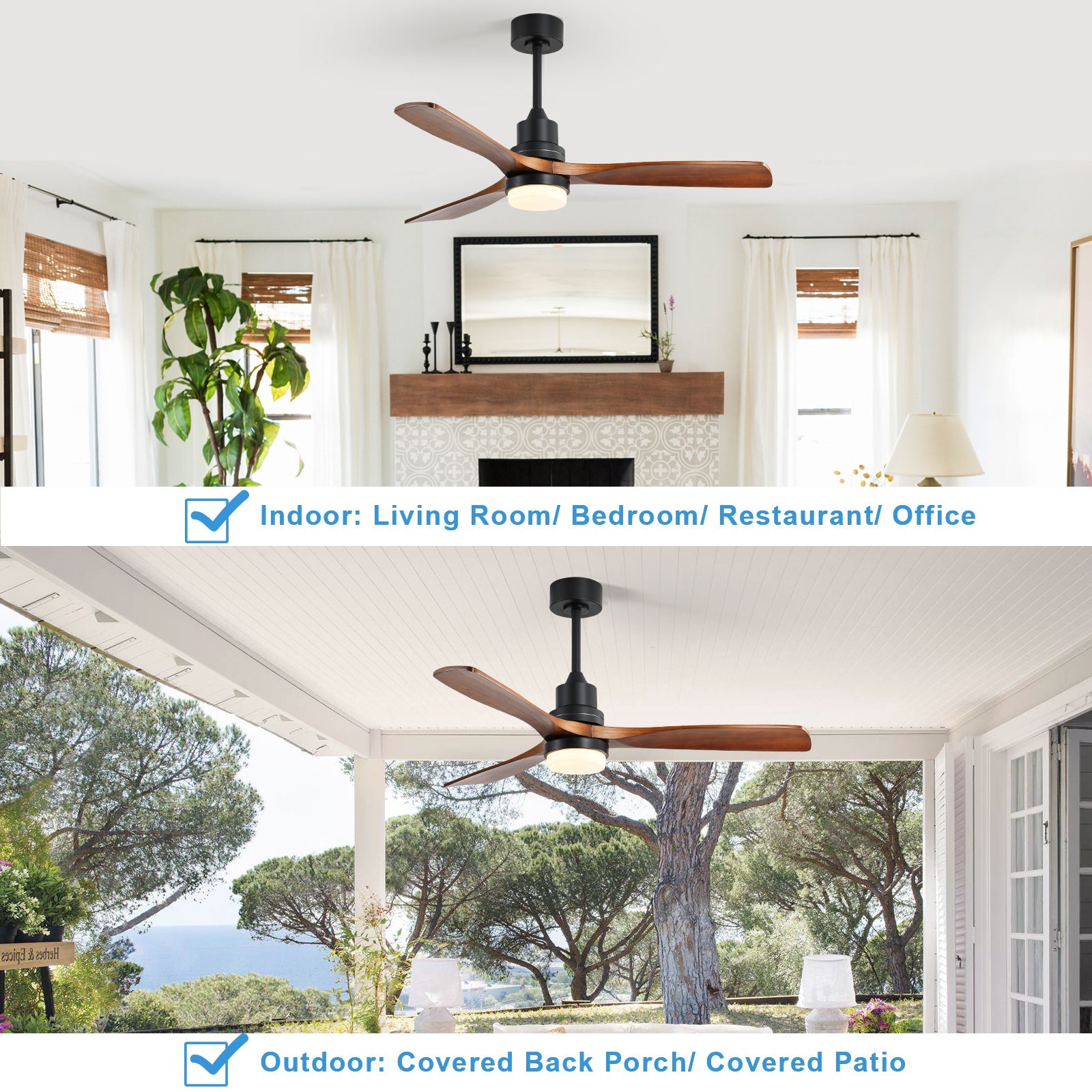 52-inch Ceiling Fan with Light, 6 Speed, Remote Control, DC Motor, Walnut Wood