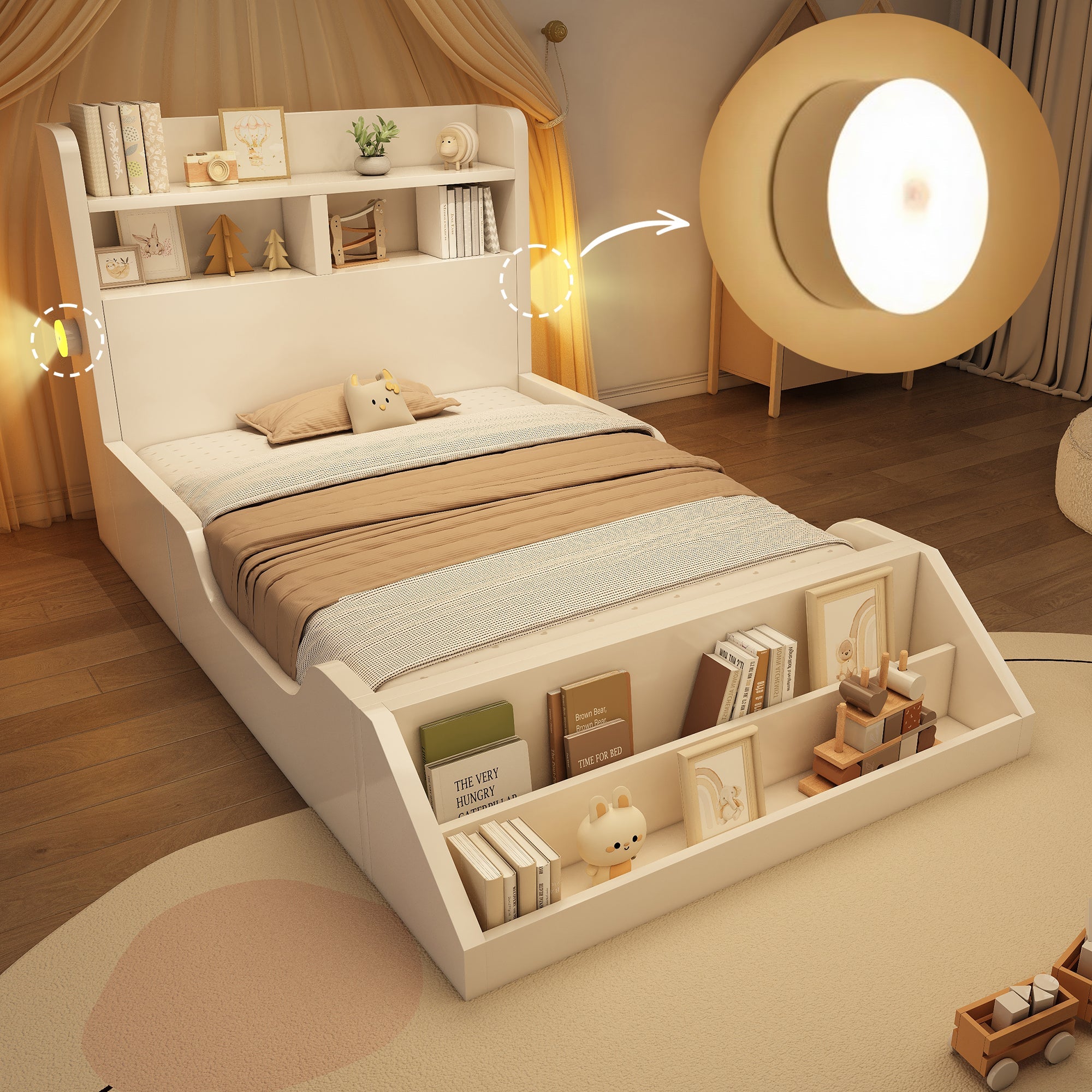 Wooden Single Bed with Shelves, Nightlights and Removable Bookshelf, White