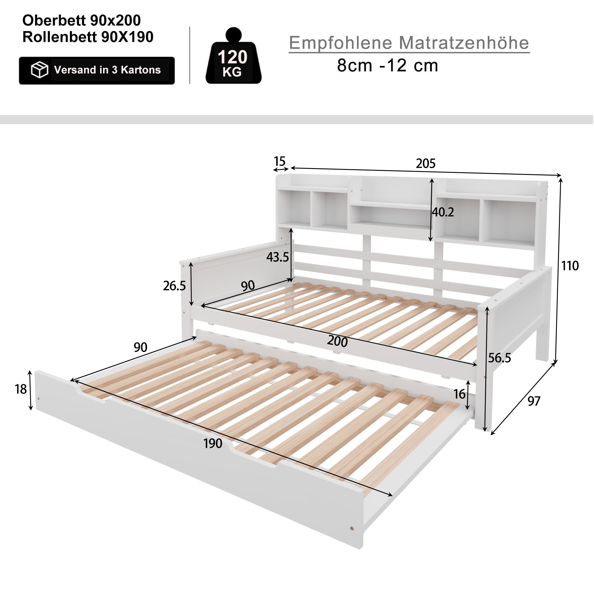 Extendable Sofa Bed 90x200CM Storage Pull-Out Bed, Pine Solid Wood White