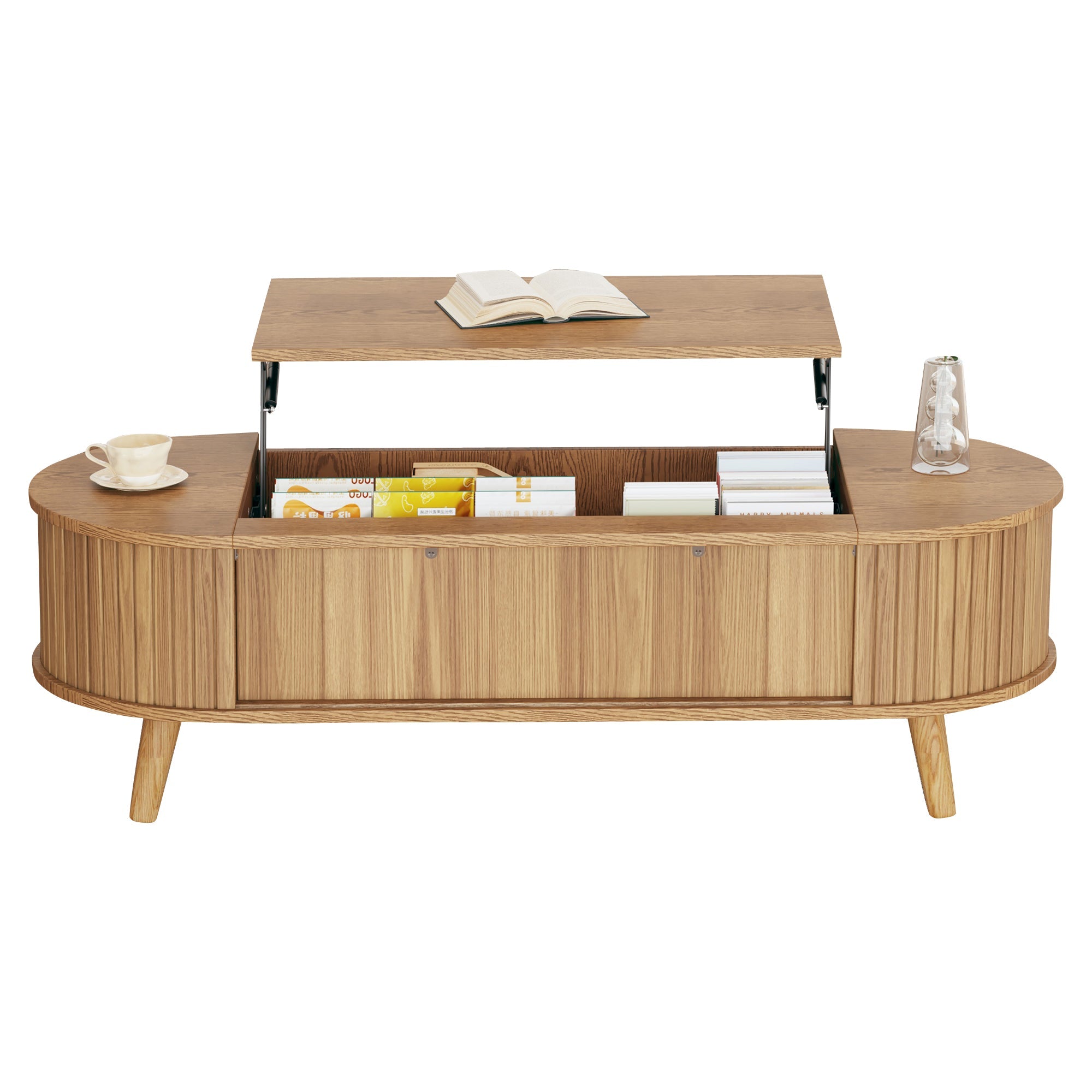 Liftable Coffee Table Hidden Storage 5 Shelves Original Wood Color