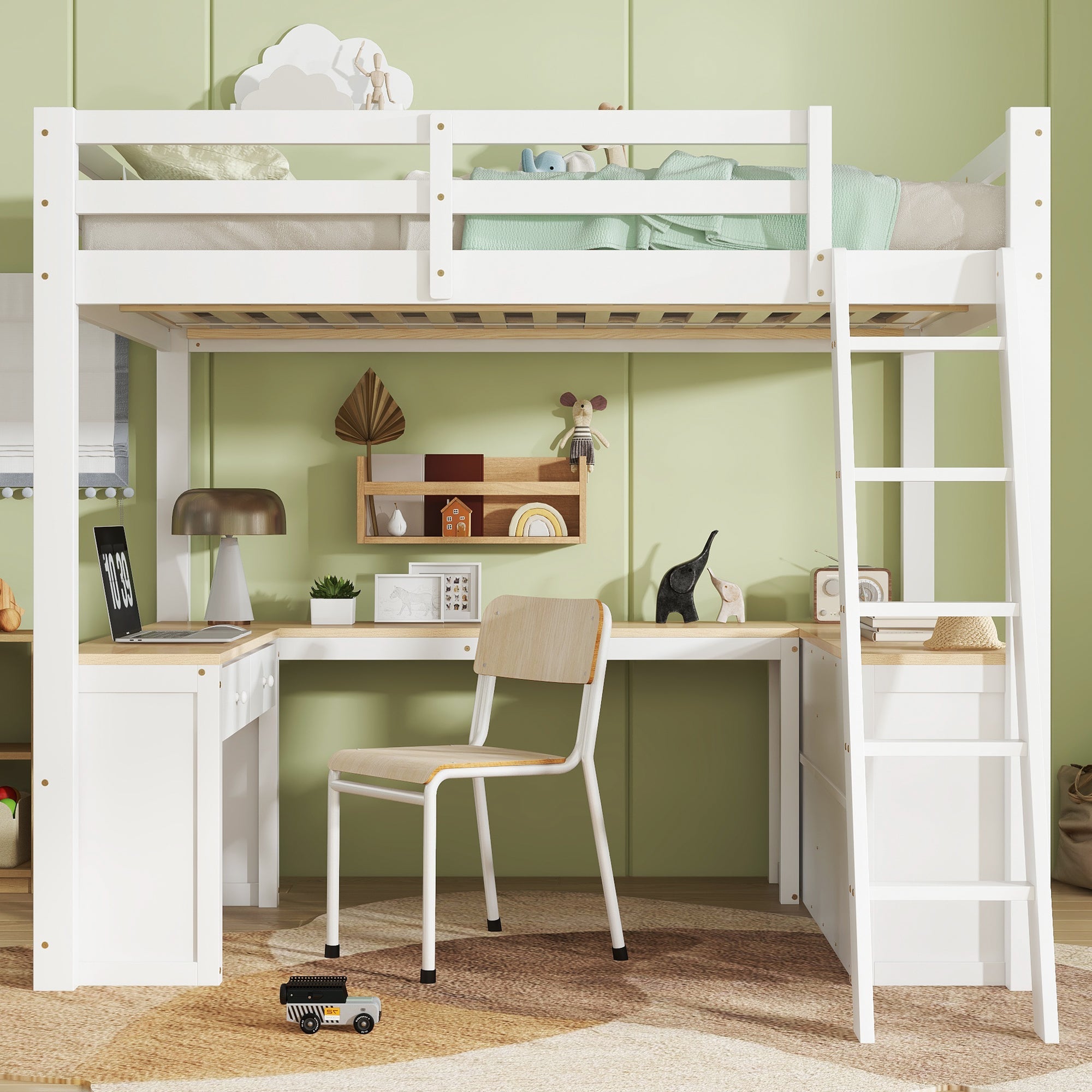 Loft Bed with U-Shaped Desk, 2 Drawers, Storage Shelf, 140x200cm, White + Natural Wood