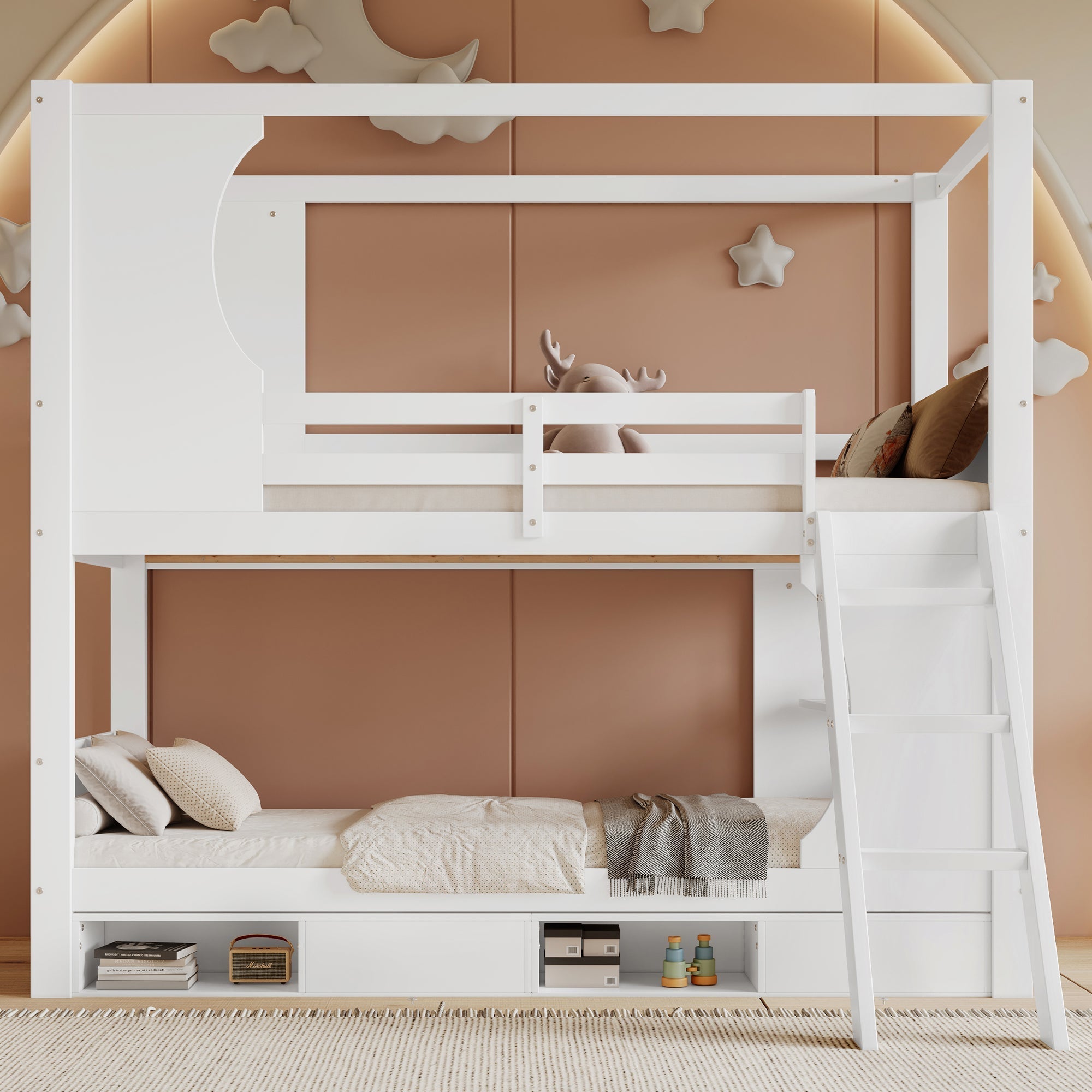 Bunk Bed with Safety Gate, Table, Shoe Cabinet, Ladder, Pine+MDF+Plywood, White